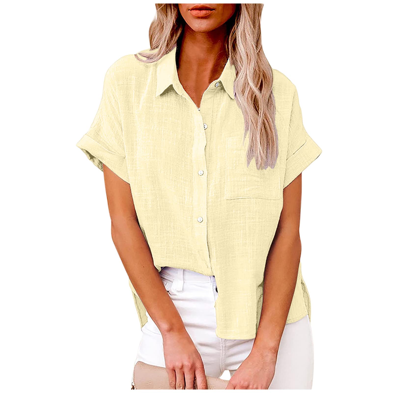 Women's Casual Short Sleeve Linen Button Down Shirt - Summer 2023 V-Neck Collared Blouse for Work & Weekend | Breathable Plain Tee Top for Office, Date Night & Outdoor Activities