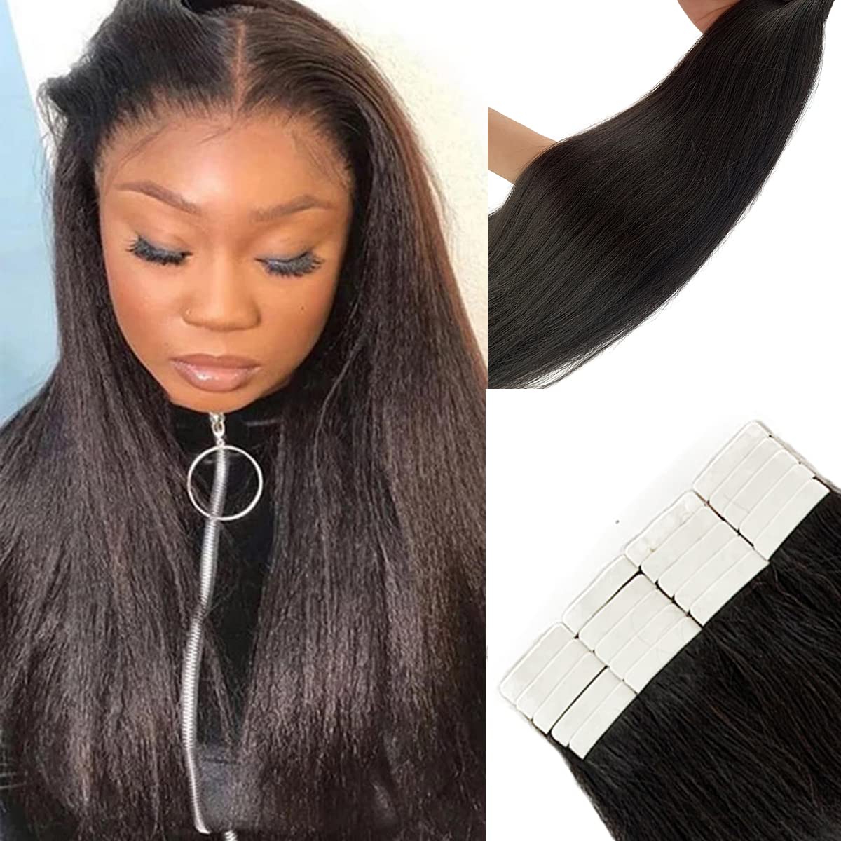 20 Inch Yaki Tape in Hair Extensions - 50g 20pcs Human Remy Hair for Black Women | Seamless Skin Weft, Yaki Straight, Natural Black Color | Perfect for Daily Wear, Styling, and Special Occasions
