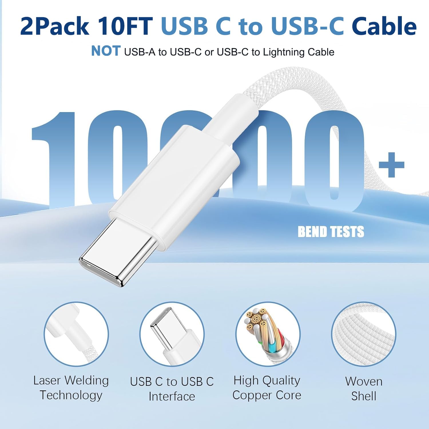 2-Pack 10FT USB C to C Fast Charging Cable & 20W Power Adapter - Extra Long Durable Woven Cord for iPhone 16/15 Series, iPad Pro/Air/Mini & AirPods - Quick Charge for Home, Office & Travel