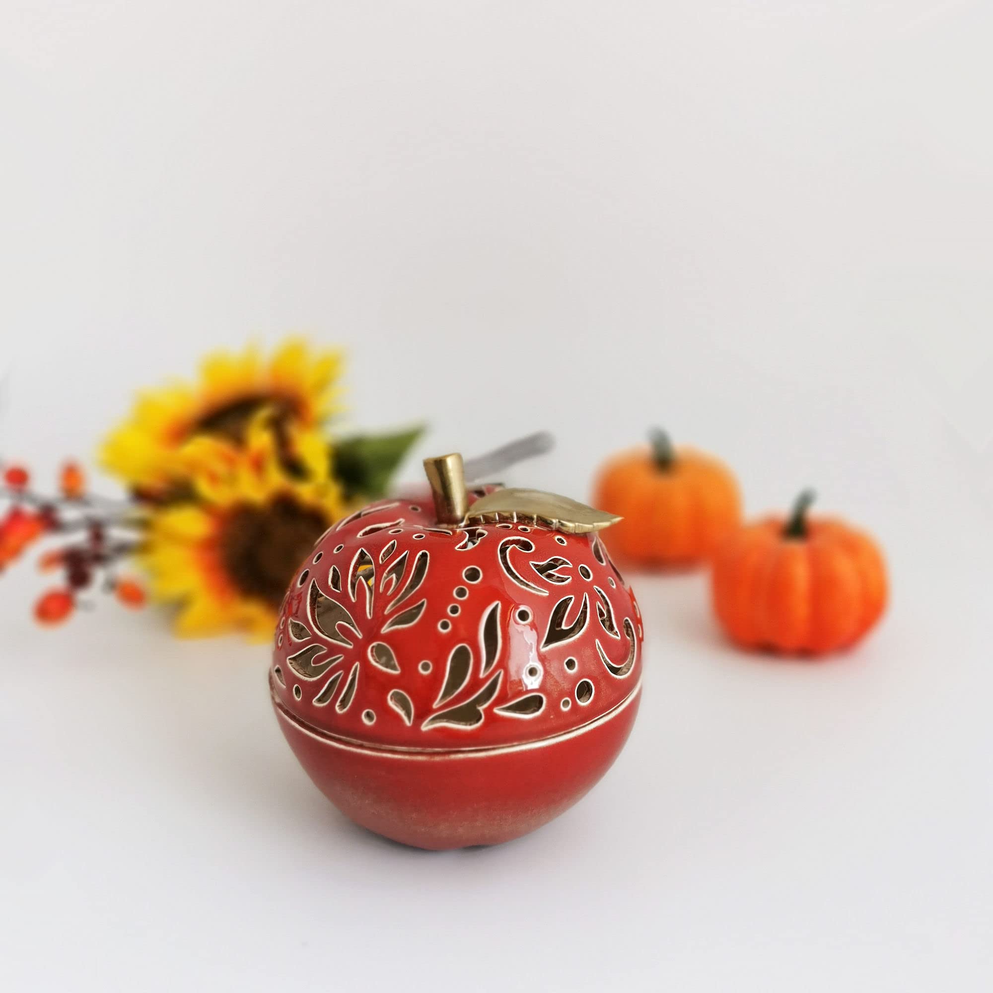 Handmade Red Ceramic Apple Candle Holder with Lid - Fall Table Decor, Christmas Gift, Berry Bowl & Trinket Dish | Perfect for Autumn Centerpieces, Holiday Gifting & Home Decor