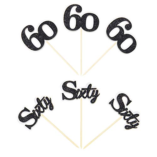 60th Birthday Cupcake Toppers - Black Glitter Number 60 Cake Decorations (24 PCS) for Anniversary Parties, Retirement Celebrations & Milestone Events