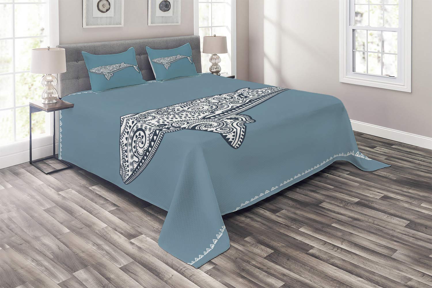 Ambesonne Nautical King Size Quilted Bedspread Set - 3 Piece Whale & Totem Design with Antique Paisley Pattern in Slate Blue & White | Includes 2 Pillow Shams | Perfect for Coastal, Beach House or Nautical Theme Bedrooms