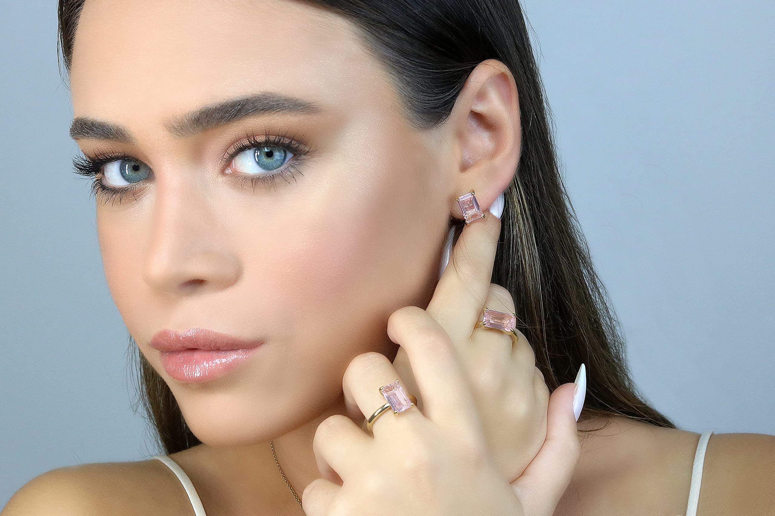 14K Rose Gold Handmade Rose Quartz Rectangle Ring for Women - Unique Anemone Design, Perfect for Prom, Birthdays & Anniversaries - Elegant Jewelry Gift with Box (Ideal for Romantic Occasions & Special Celebrations)