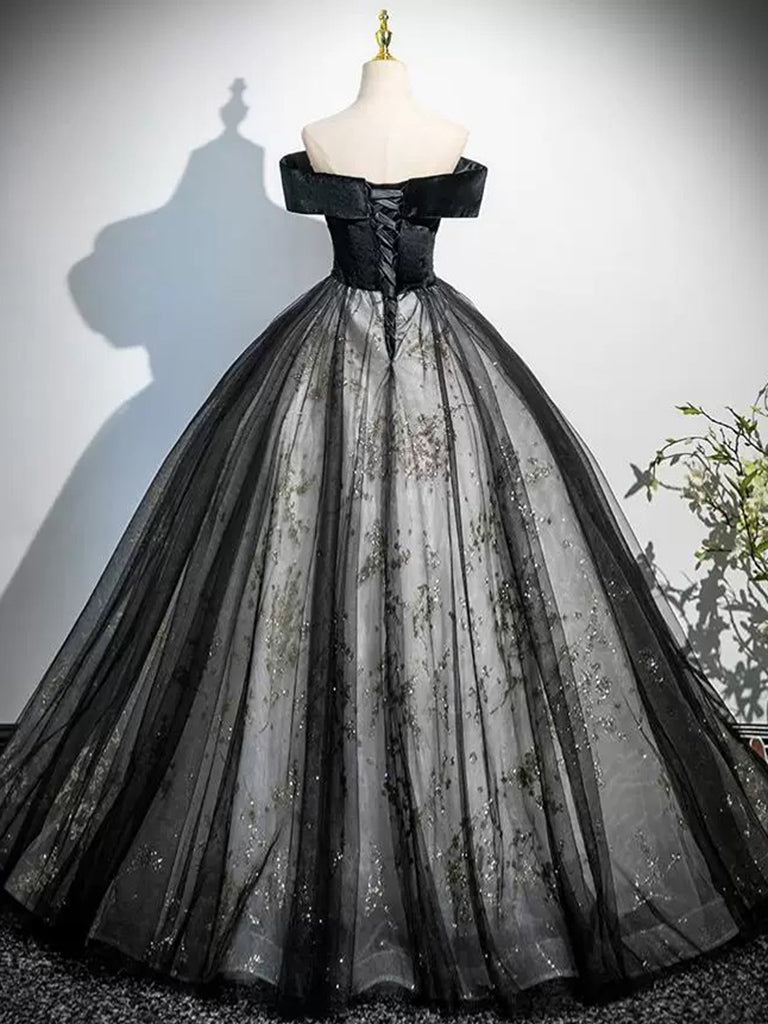 Elegant A-Line Off Shoulder Tulle Lace Black Long Prom Dress - Formal Evening Gown for Homecoming, Wedding & Special Occasions