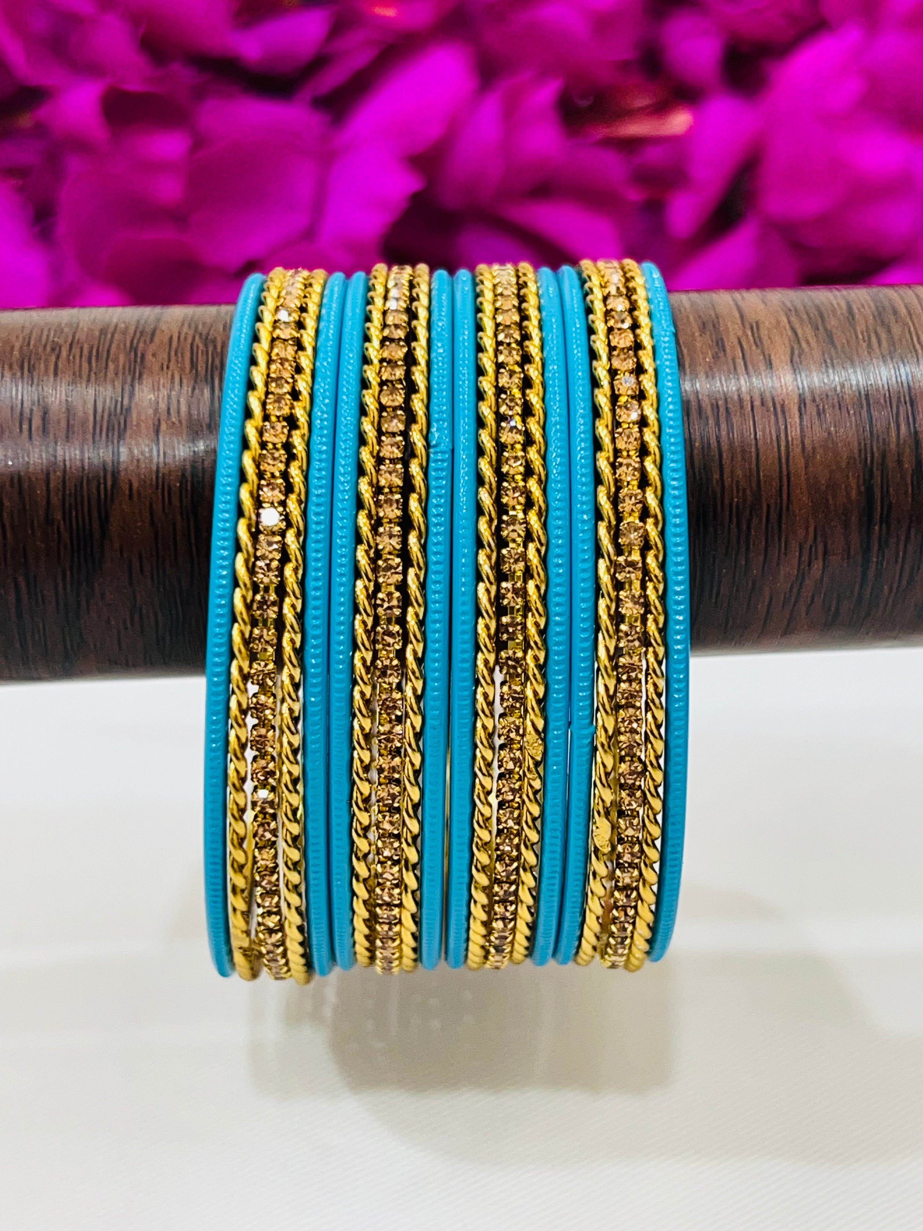 Stylish Sky Blue Metal Bangles with Elegant Gold Spiral Design - Trendy Women's Fashion Jewelry for Parties, Weddings & Everyday Wear