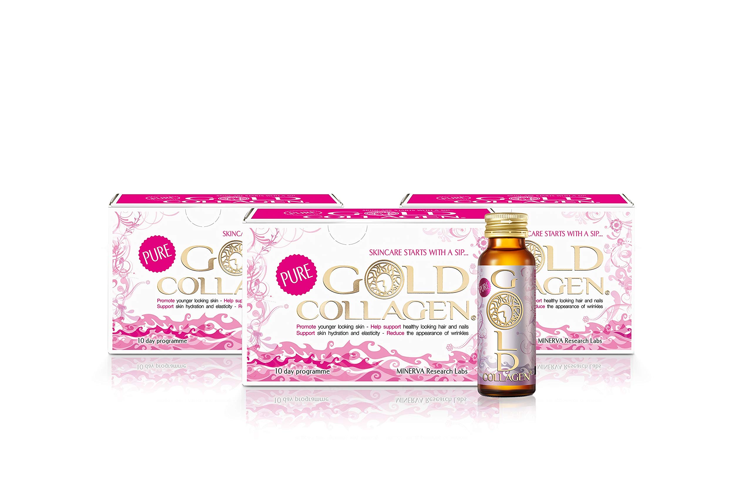 Pure Gold Collagen Supplement for Women & Men - Anti-Wrinkle Skin Care with Biotin, Hyaluronic Acid, Vitamins C & B6 - Supports Hair Growth, Nail Strength & Immune System (3 Pack, 10x50ml) - Perfect for Daily Beauty Routine & Wellness Boost