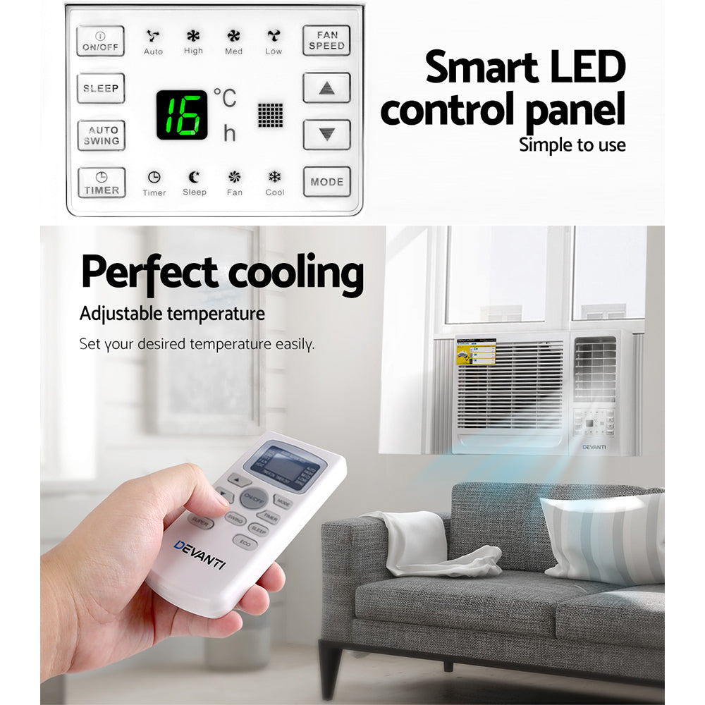 Devanti 6000 BTU Window Air Conditioner - 1.7kW Cooling Power - Energy Efficient AC Unit for Small Rooms (12-15 sqm) - Perfect for Bedrooms, Offices, and Apartments
