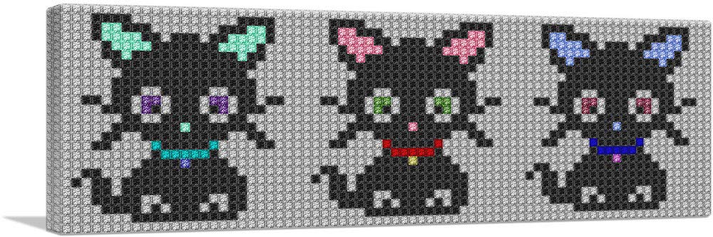 ARTCANVAS Three Cute Black Kittens Pixel Art Canvas Print - Framed Wall Decor Painting for Living Room, Bedroom, Office - 36x12 Inch Modern Cat Artwork (0.75