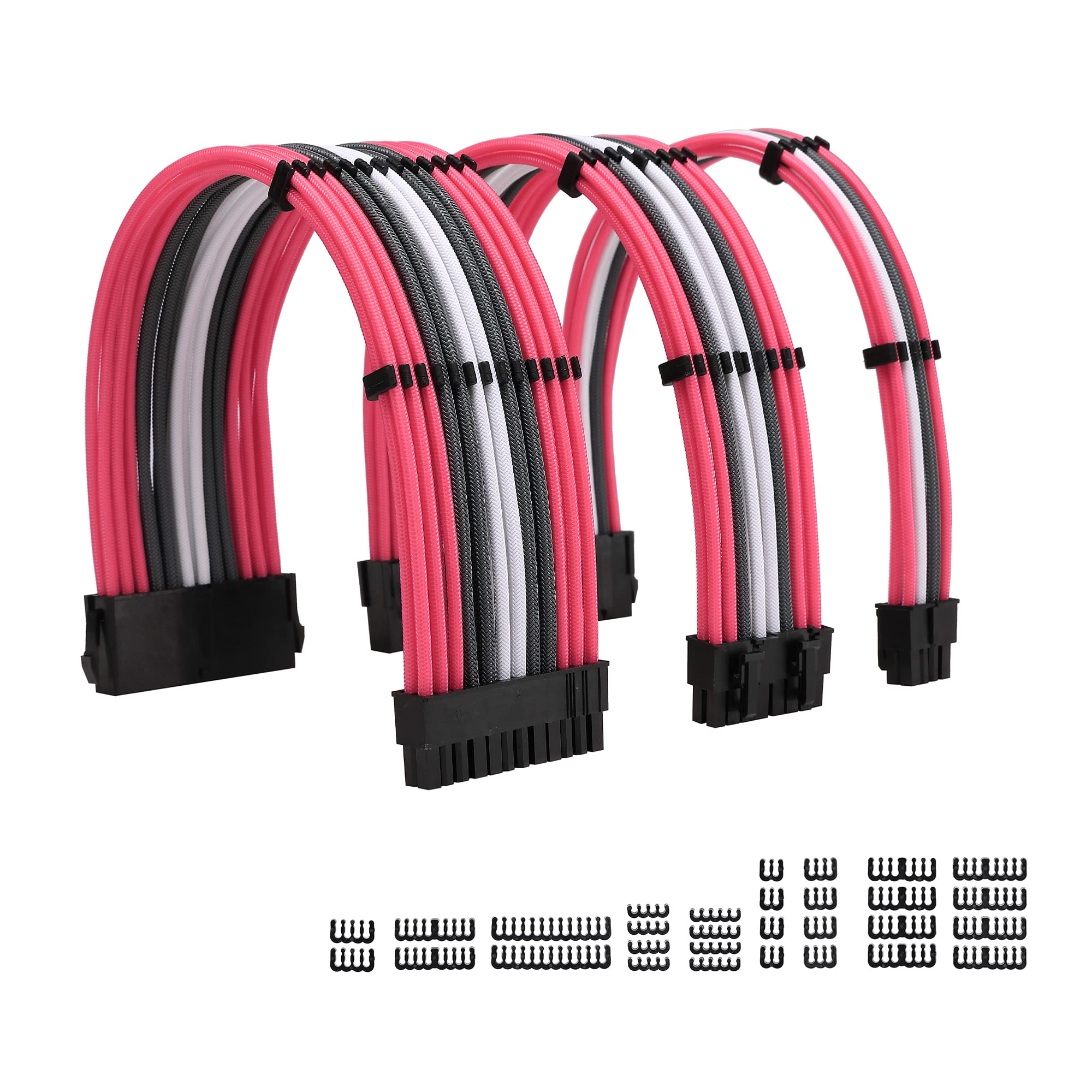 High-Quality 18AWG Sleeve Extension Power Supply Cable Kit - ATX 24-Pin, EPS 8-Pin & PCI-E 8-Pin (2) with Cable Combs - Pink Grey White for PC Builds, Gaming Rigs & Workstations