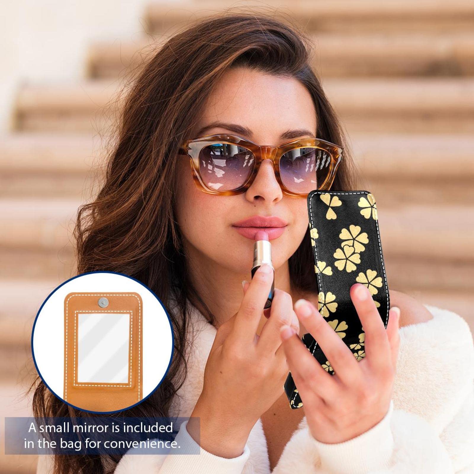 Personalized Lipstick Case - Portable Makeup Bag & Cosmetic Pouch Organizer with Yellow Seamless Four-Leaf Clover Design | Perfect for Travel, Gift & Daily Makeup Storage