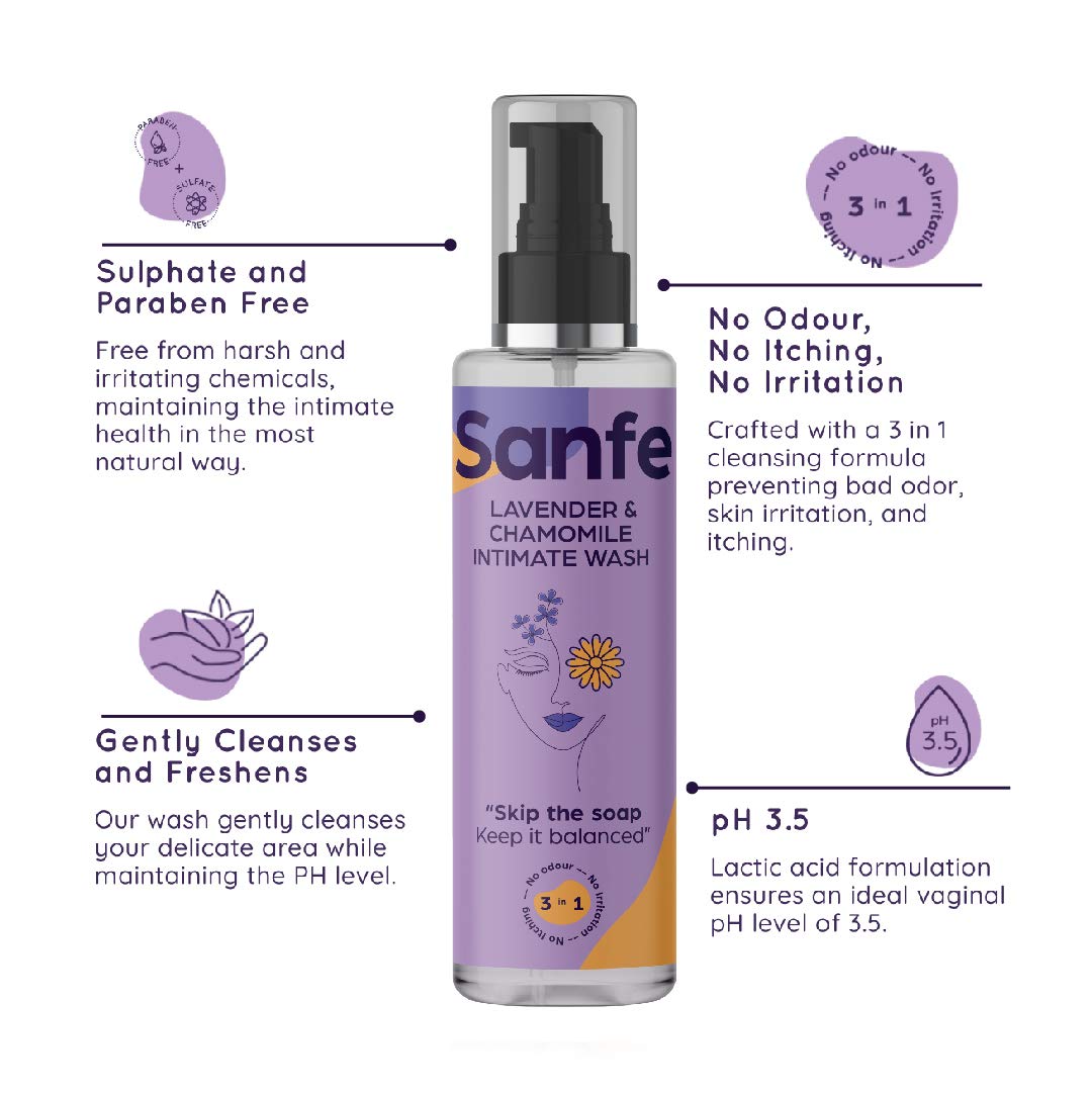 Sanfe Natural 3-in-1 Intimate Wash for Women - Lavender & Chamomile Scented Feminine Hygiene Wash (100ml) | pH Balanced, Dermatologist Tested, Chemical Free | Prevents Odor, Itching & Irritation | Perfect for Daily Intimate Care & Post-Workout Freshness