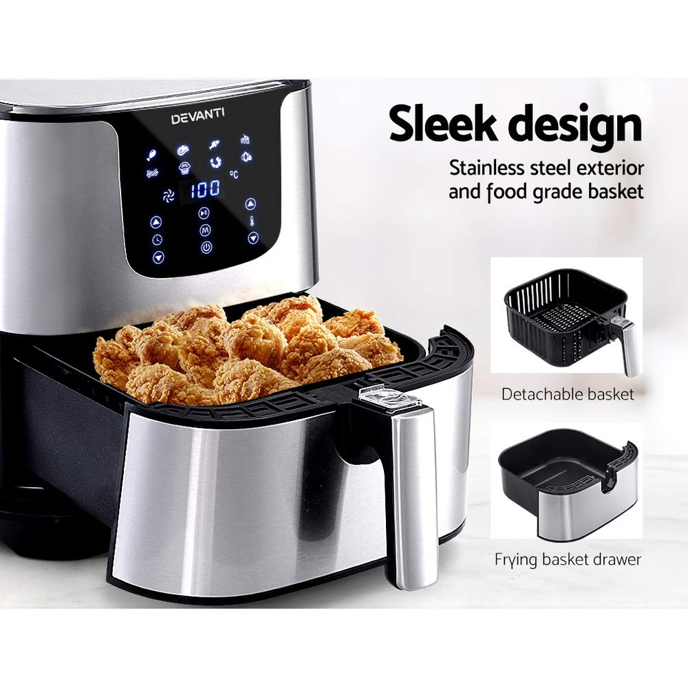 Devanti 7L Air Fryer with LCD Display - Oil Free Healthy Cooking, Large Capacity Air Fryer Oven for Family, Silver - Perfect for Crispy Fries, Chicken Wings & Baking at Home