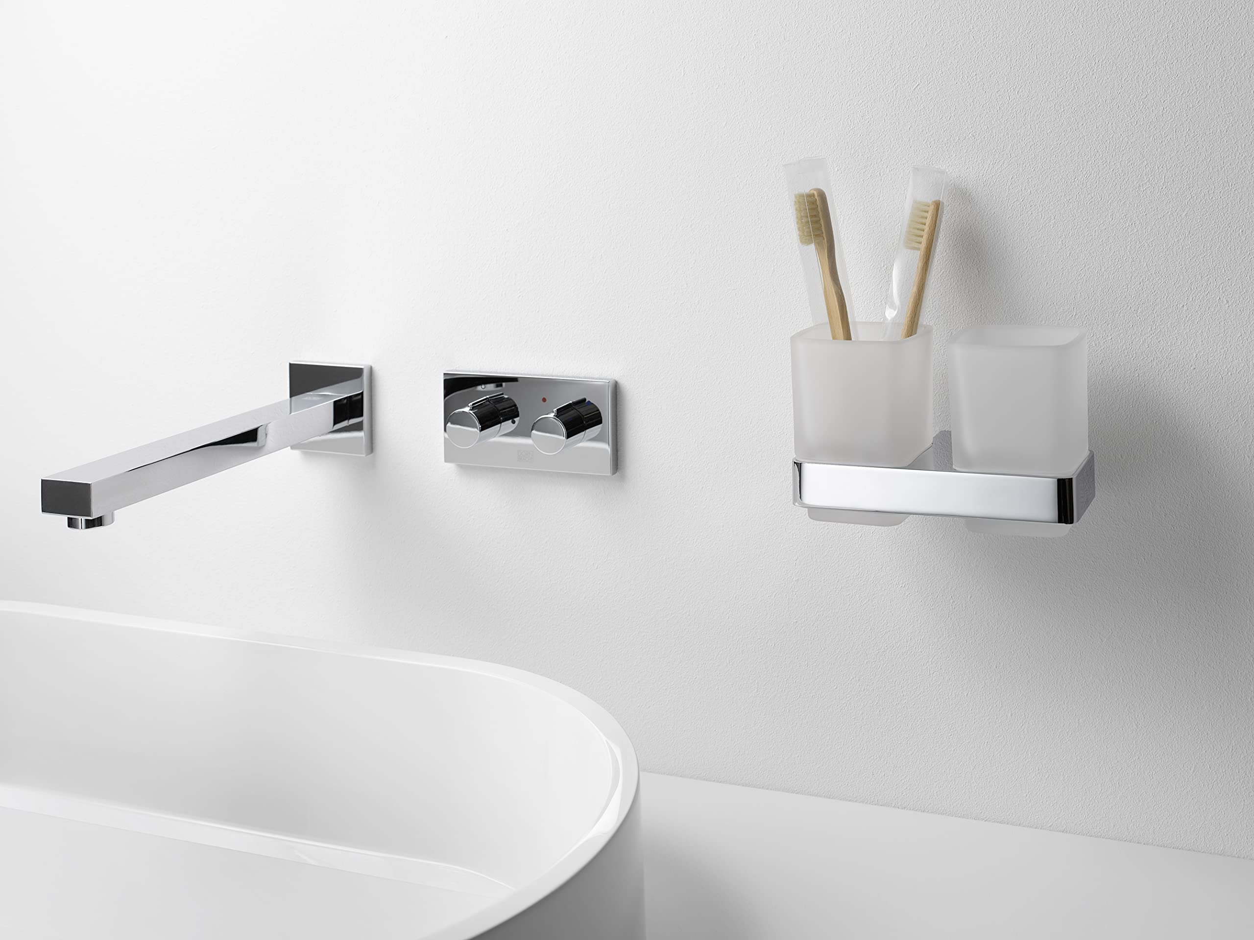 Loft 52500100 Double Satin Crystal Glass Chrome Toothbrush Holder - Modern Bathroom Organizer for Sink Countertop & Vanity Storage