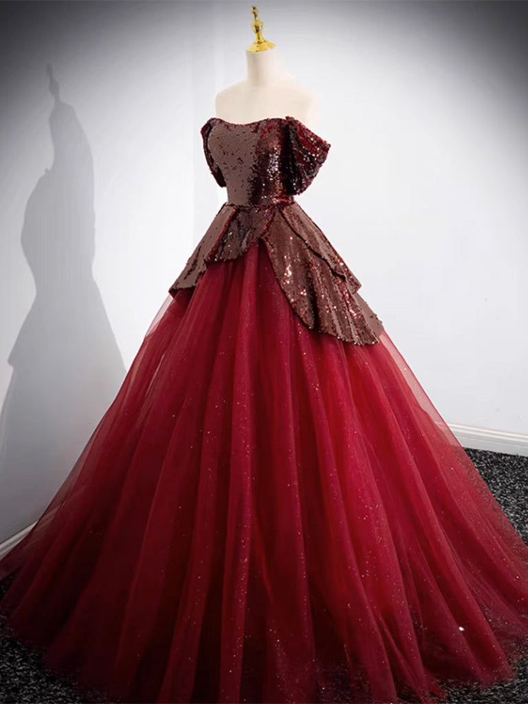 Elegant A-Line Tulle Sequin Burgundy Long Prom Dress | Off-Shoulder Formal Evening Gown for Women | Perfect for Homecoming, Prom Night & Special Occasions