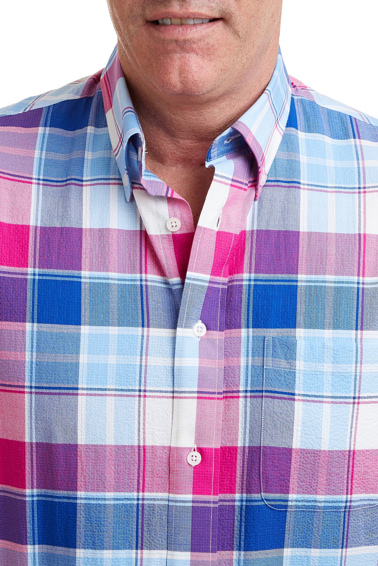 Chase Shirt Blue with Pink Plaid Seersucker - Stylish Casual Button Down Shirt for Men | Perfect for Summer Outings, Beach Vacations & Office Wear
