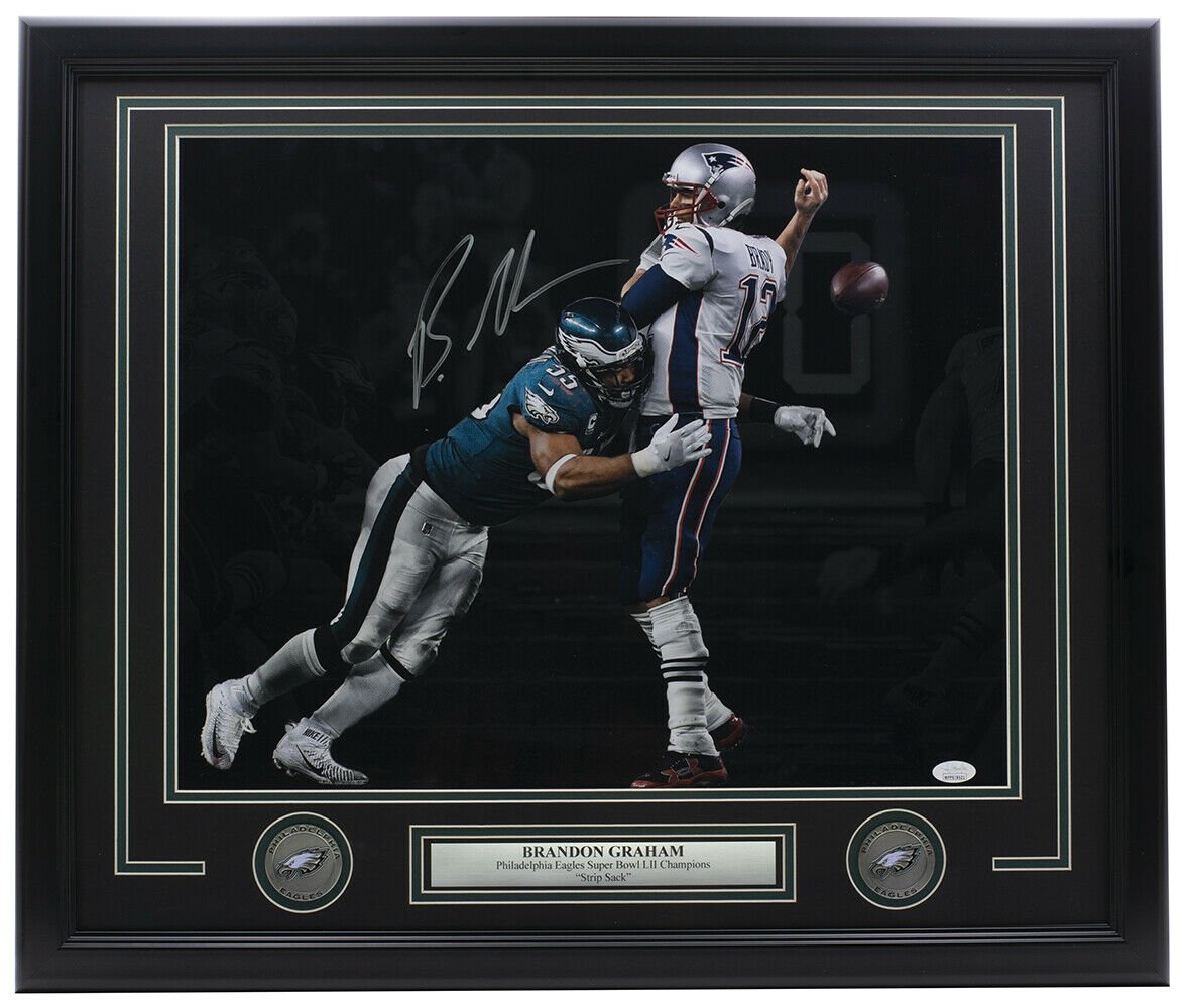 Brandon Graham Autographed Framed 16x20 Super Bowl Strip Sack Spotlight Photo with JSA Certificate - Perfect for Eagles Fans, Sports Memorabilia Collectors, and Man Cave Decor
