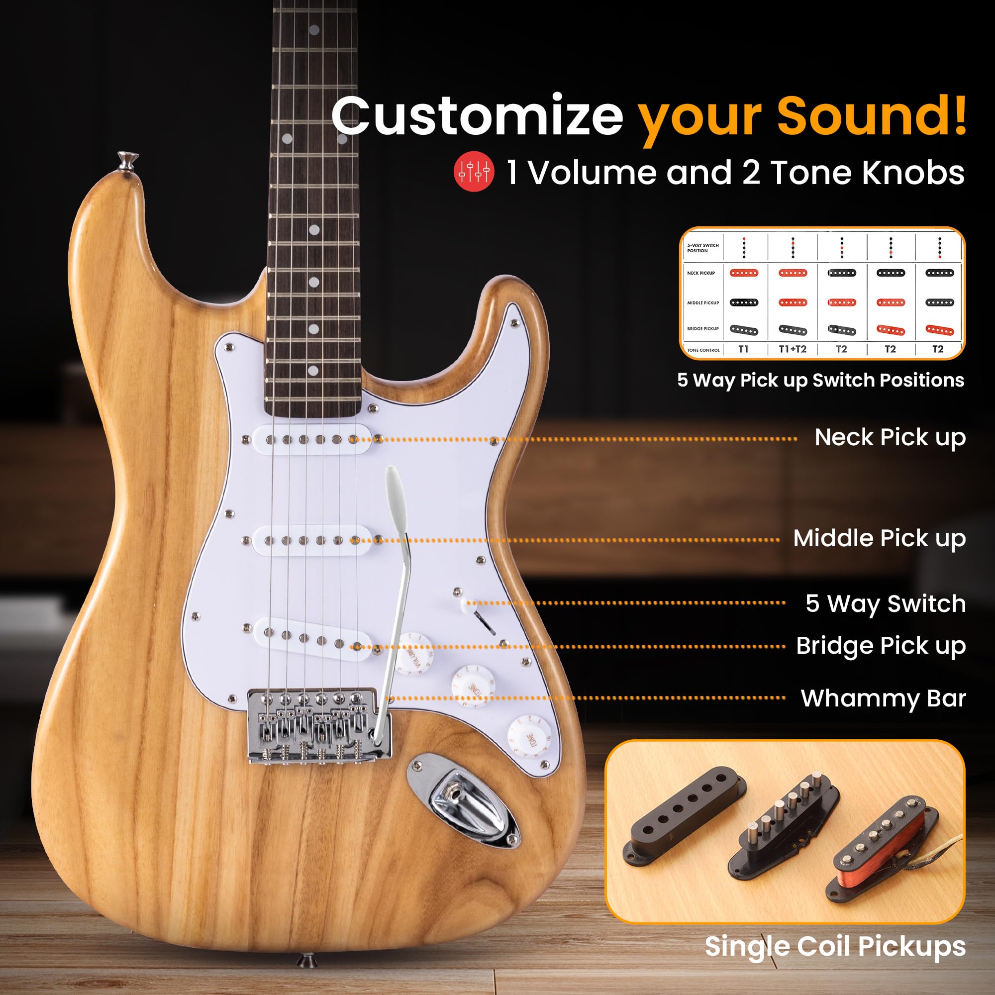 Pyle Full Size Electric Guitar Kit with 5W Amp, Gig Bag, Accessories & Strap - ST-Style Beginner Guitar with 22 Frets & Paulownia Wood Body - Perfect for Home Practice, Music Lessons & Rock Band Performances