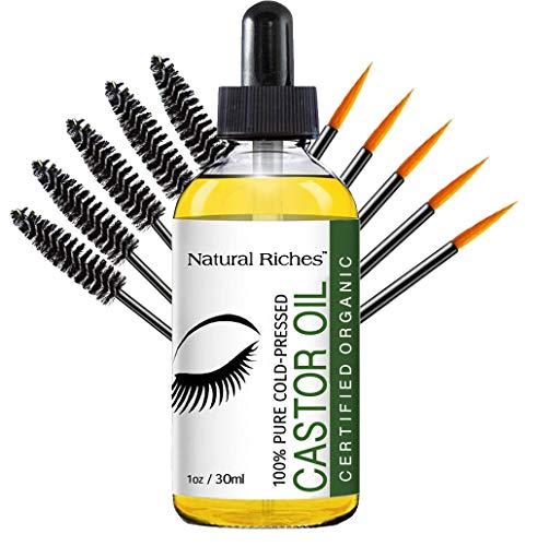 USDA Certified Pure Organic Cold Pressed Castor Oil for Eyelash & Eyebrow Growth - Natural Eyelash Serum with 5 Brushes (1 fl oz) | Perfect for Thicker Lashes, Fuller Brows & Natural Beauty Routine