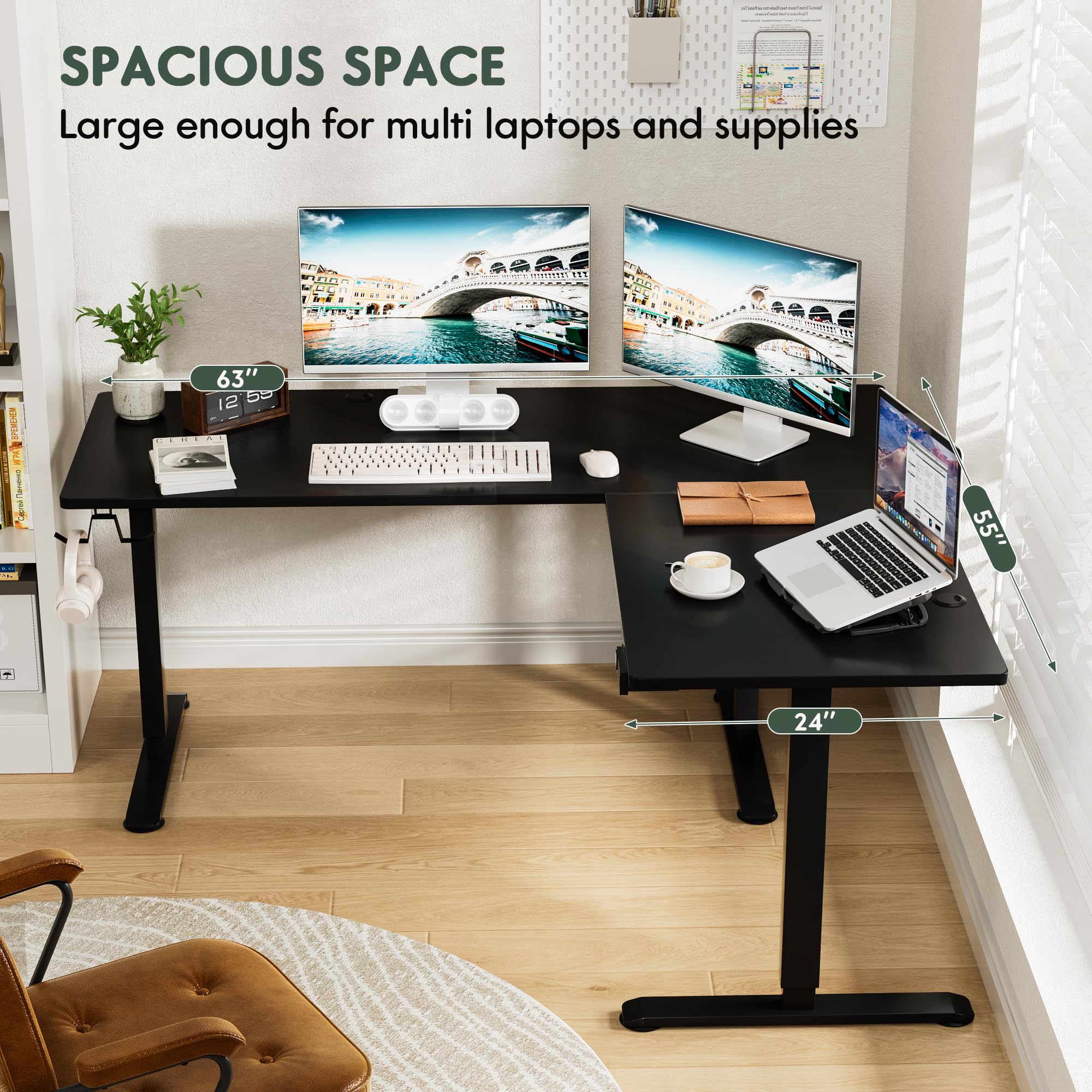 Furmax Electric L-Shaped Standing Desk 63 x 55 Inch - Adjustable Height Corner Computer Workstation with Memory Presets, Ergonomic Home Office Desk (Black) | Perfect for Small Spaces, Remote Work & Gaming Setup
