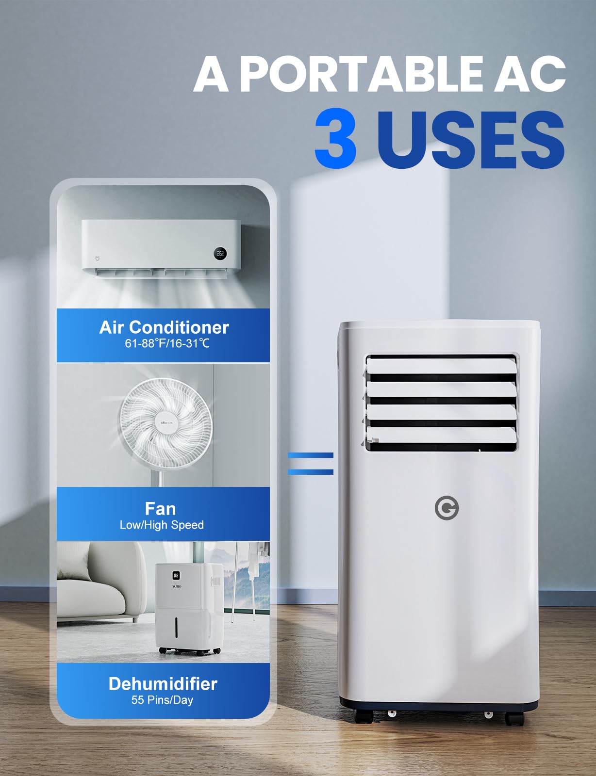 Portable Air Conditioner 9000 BTU - 4-in-1 AC Unit with Dehumidifier, Cooling Fan, Digital Display & Remote Control - Window Kit Included - Cools Rooms Up to 269 Sq.Ft - Perfect for Bedrooms, Living Rooms, Home Offices & Small Apartments