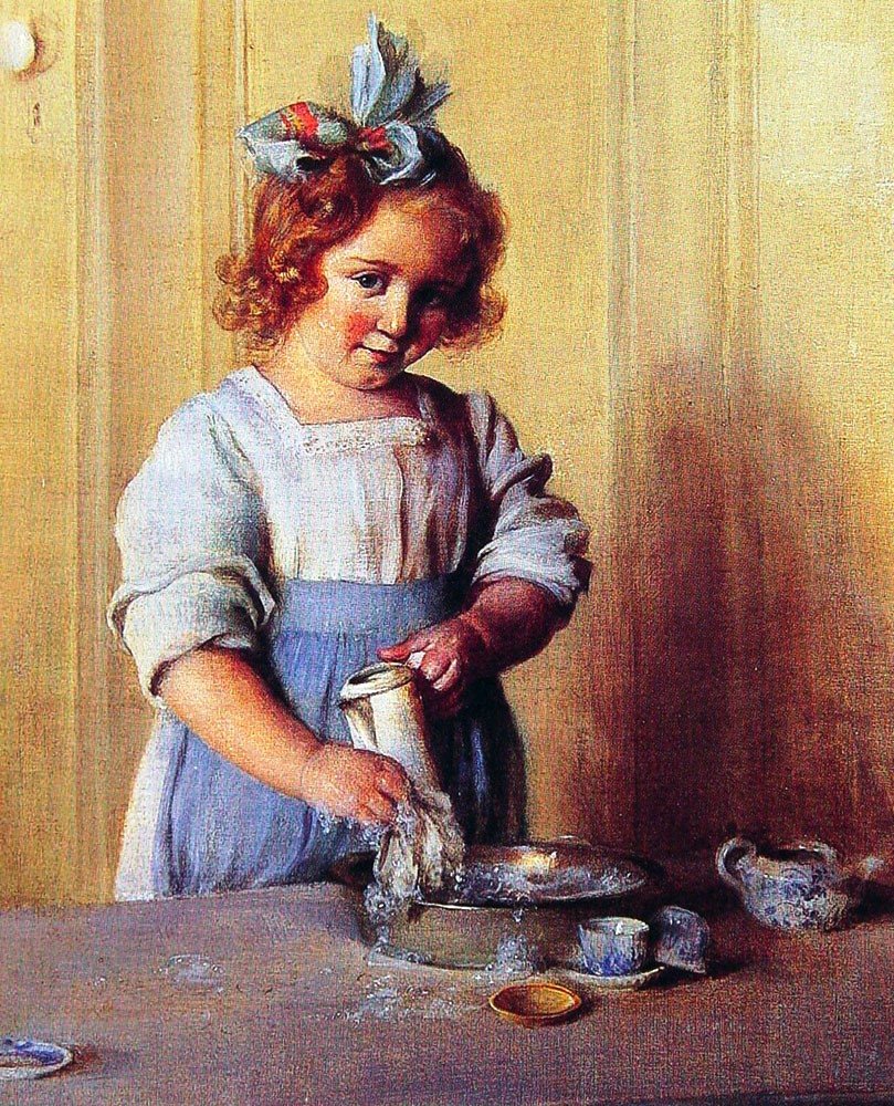 Charles Curran Washing Dishes - 16x20 Inch Premium Canvas Wall Art Print - Perfect for Kitchen Decor, Dining Room Art & Home Interior Design