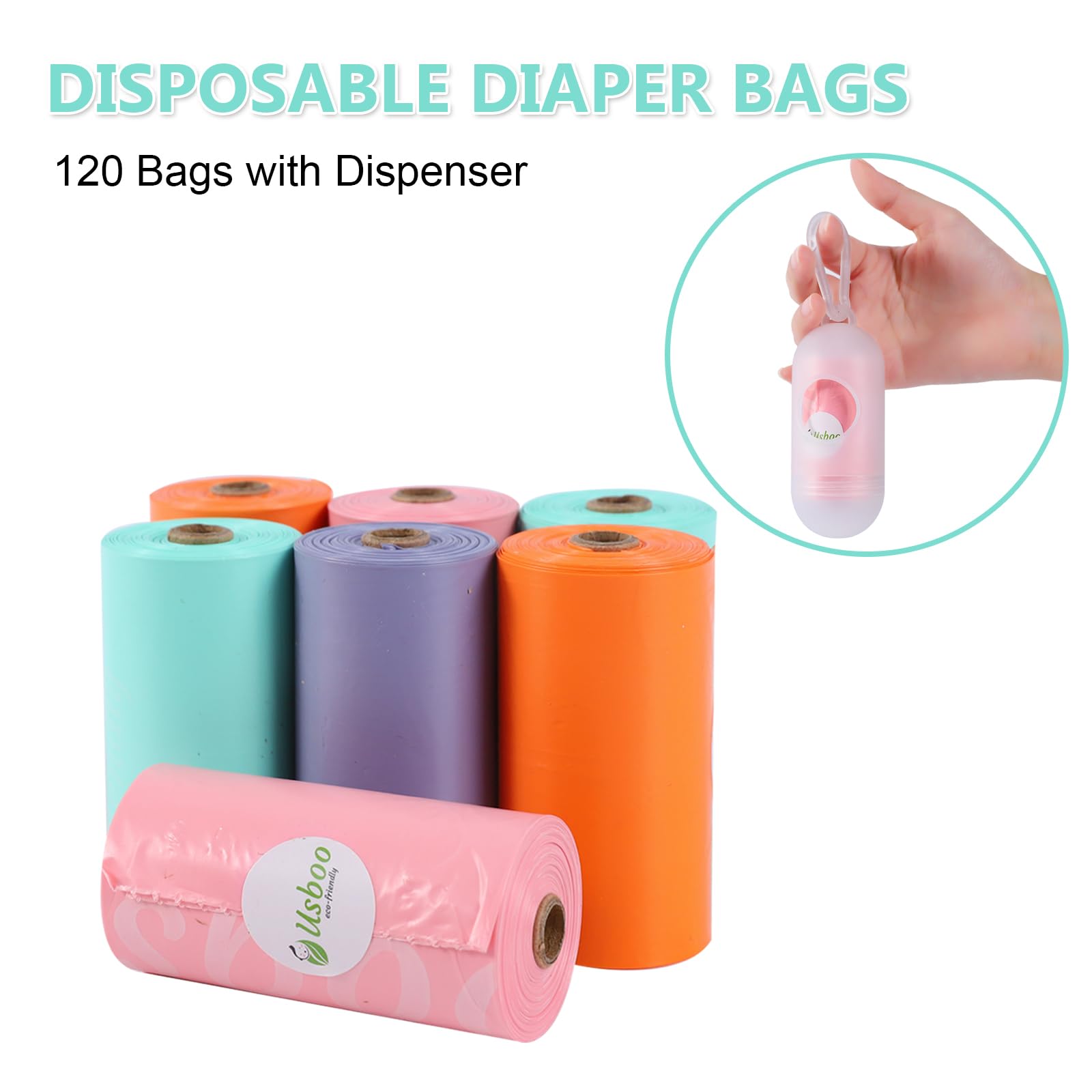 Disposable Diaper Bags for Baby - 8 Refill Rolls (120 Bags) with Dispenser | Convenient & Quick Diaper Disposal | Leak-Proof Poop Bags | Rainbow Colors | Perfect for Diaper Changes, Travel & On-the-Go Parents