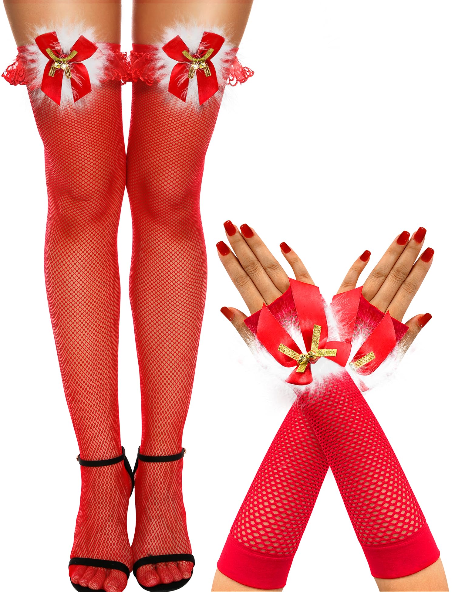 RSLOVE Women's Sexy Christmas Fishnet Thigh High Stockings & Santa Fingerless Gloves with Bell - Red Holiday Costume Accessories for Xmas Parties, Cosplay & Festive Outfits