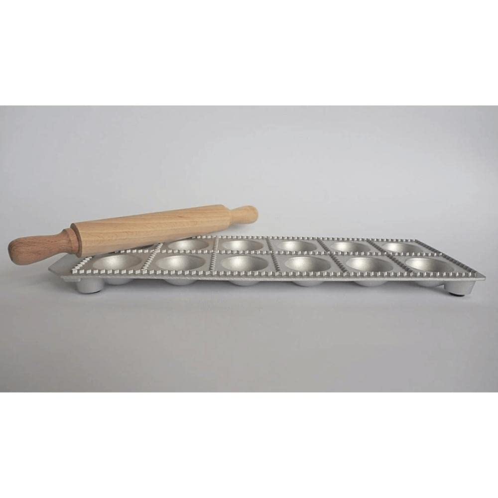 Eppicotispai 12-Hole Aluminum Round Ravioli Maker with Rolling Pin - Professional Pasta Dough Press for Homemade Italian Dumplings - Perfect for Kitchen, Restaurants, and Cooking Enthusiasts