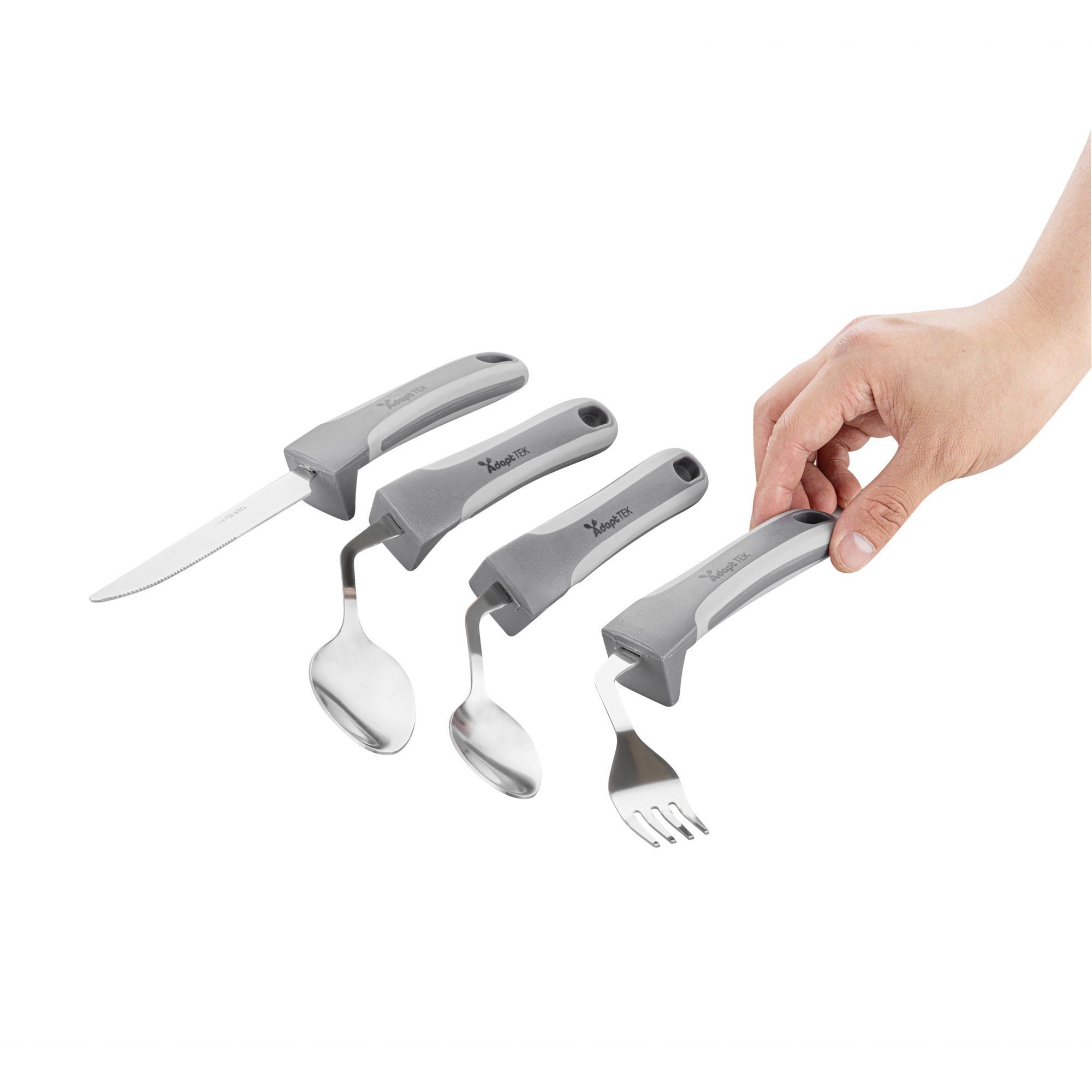 Adapt Tek Gray Stainless Steel 4-Piece Adaptive Offset Utensil Set for Right-Handed Users - Lightweight, Non-Slip Grip - Perfect for Arthritis & Limited Mobility (1 Count Box) - Ideal for Cooking, Baking & Everyday Kitchen Tasks