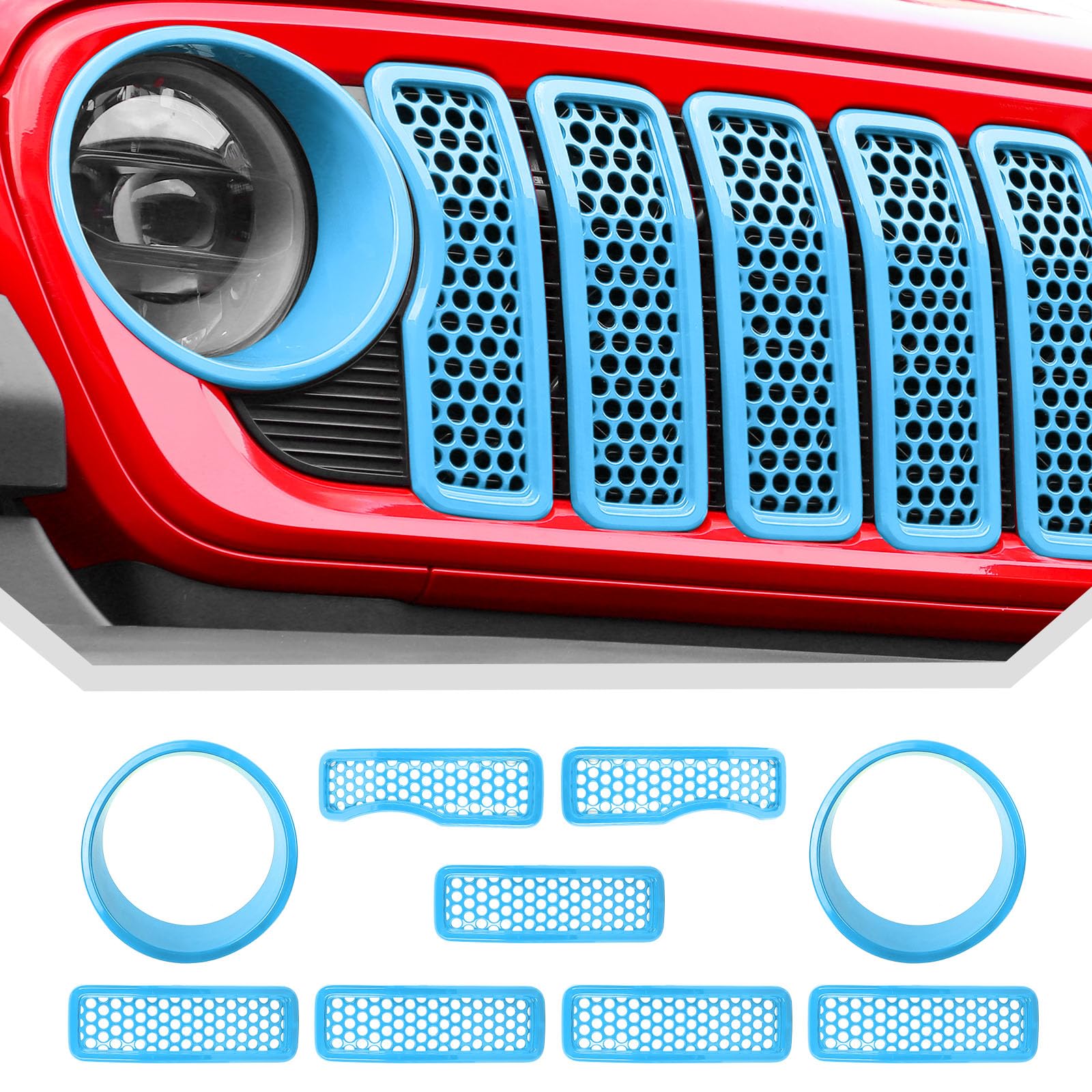 JeCar 2024+ Jeep Wrangler JL Mesh Grill Inserts & Headlight Covers - 9-Piece Light Blue Trim Accessories for Off-Road Protection & Style Upgrade