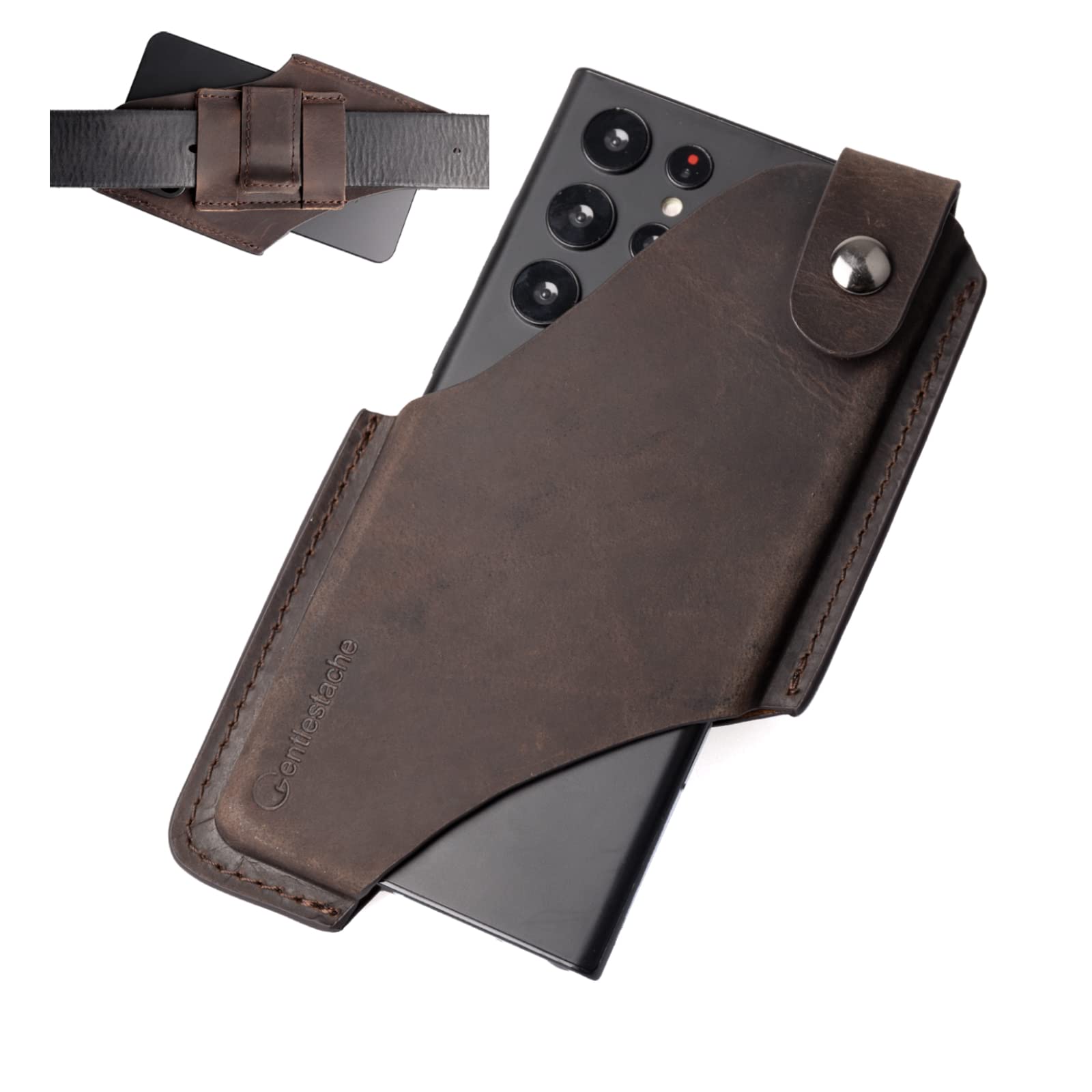 Gentlestache Leather Cell Phone Holster with Belt Clip - Premium Leather Phone Pouch for iPhone, Samsung & Motorola - Belt Loop Case for Men & Women - Medium Size Dark Brown - Perfect for Outdoor, Work & Travel