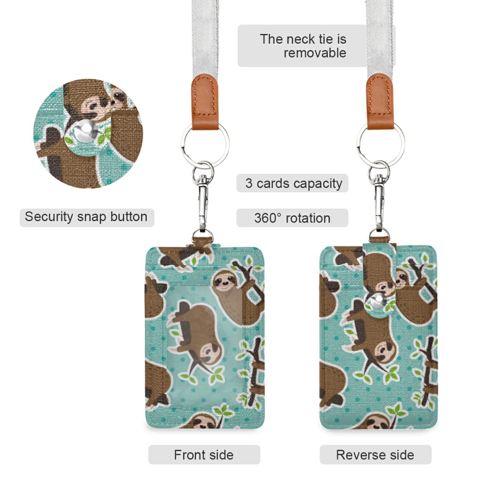 Sleeping Sloth Vertical Leather ID Badge Holder with Lanyard - Office & School Use