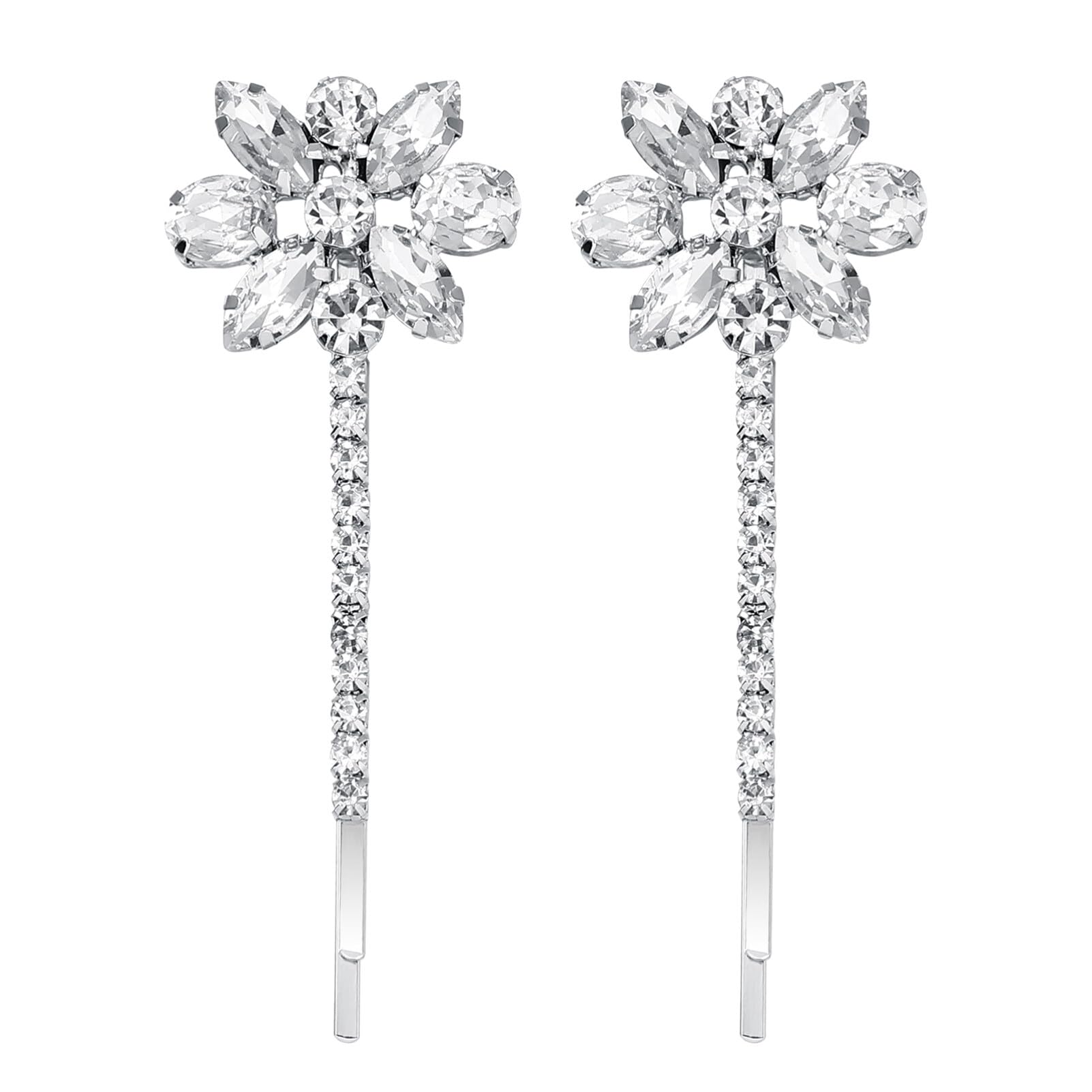 Elegant Crystal Flower Hair Pins - Rhinestone Floral Bobby Pins for Women | Bridal Hair Accessories | Wedding, Prom & Party Hair Clips (Silver)