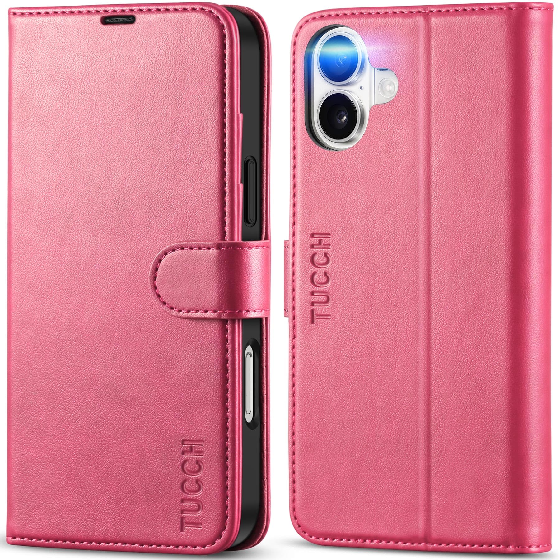 Premium PU Leather Magnetic Flip Wallet Case for iPhone 16 Plus - RFID Blocking Protective Cover with 4 Card Slots & Built-in Stand | Perfect for Everyday Use, Travel, and Secure Contactless Payments (Hot Pink)