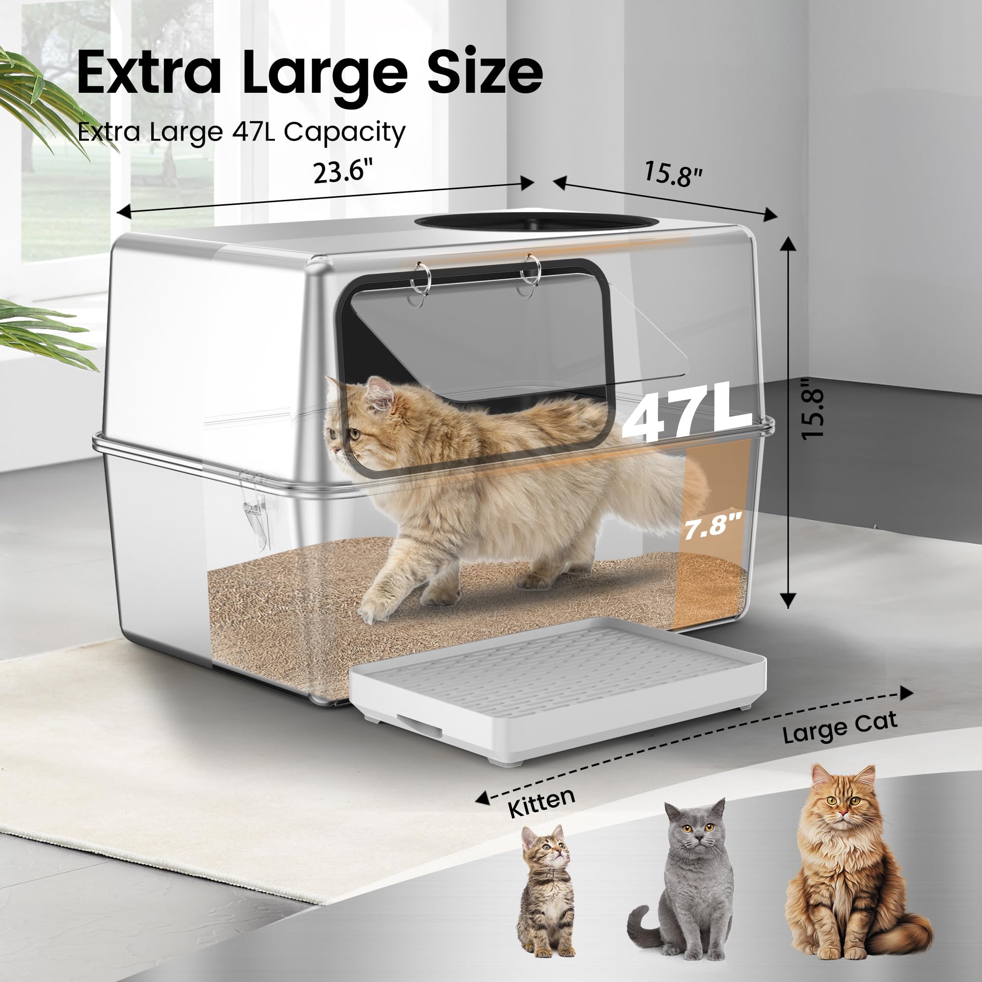 Stainless Steel Cat Litter Box with Lid - XL Enclosed Metal Litter Pan for Large Cats & Multi-Cat Homes, Dog-Proof Design with High Sides & Odor Control, Top/Side Entry (Black) - Perfect for Home, Apartment & Pet-Friendly Spaces