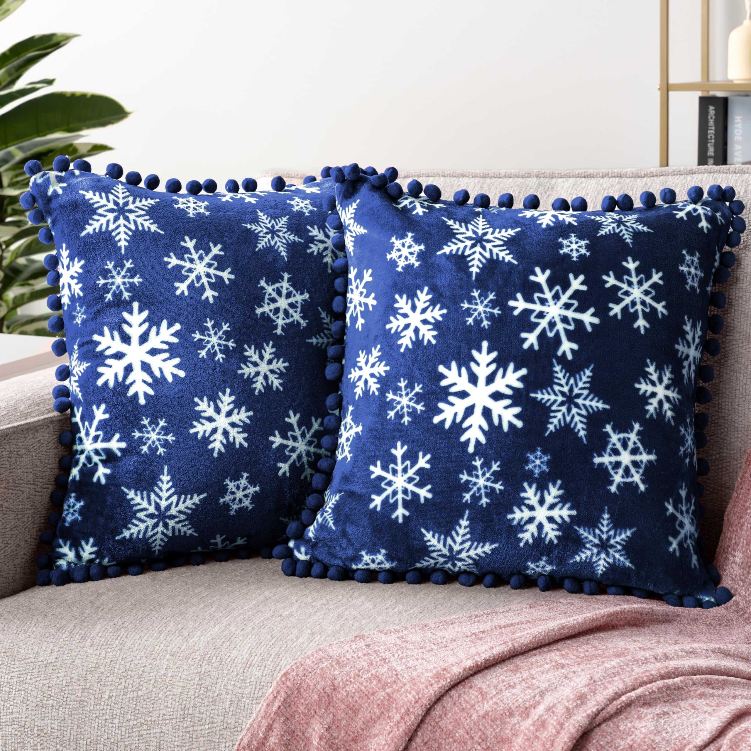 PAVILIA 18x18 Inch Blue Snowflake Throw Pillow Covers Set of 2 - Velvet Plush Pom Pom Decorative Cushion Covers for Sofa, Couch, Bed - Christmas Winter Holiday Home Decor for Living Room, Bedroom