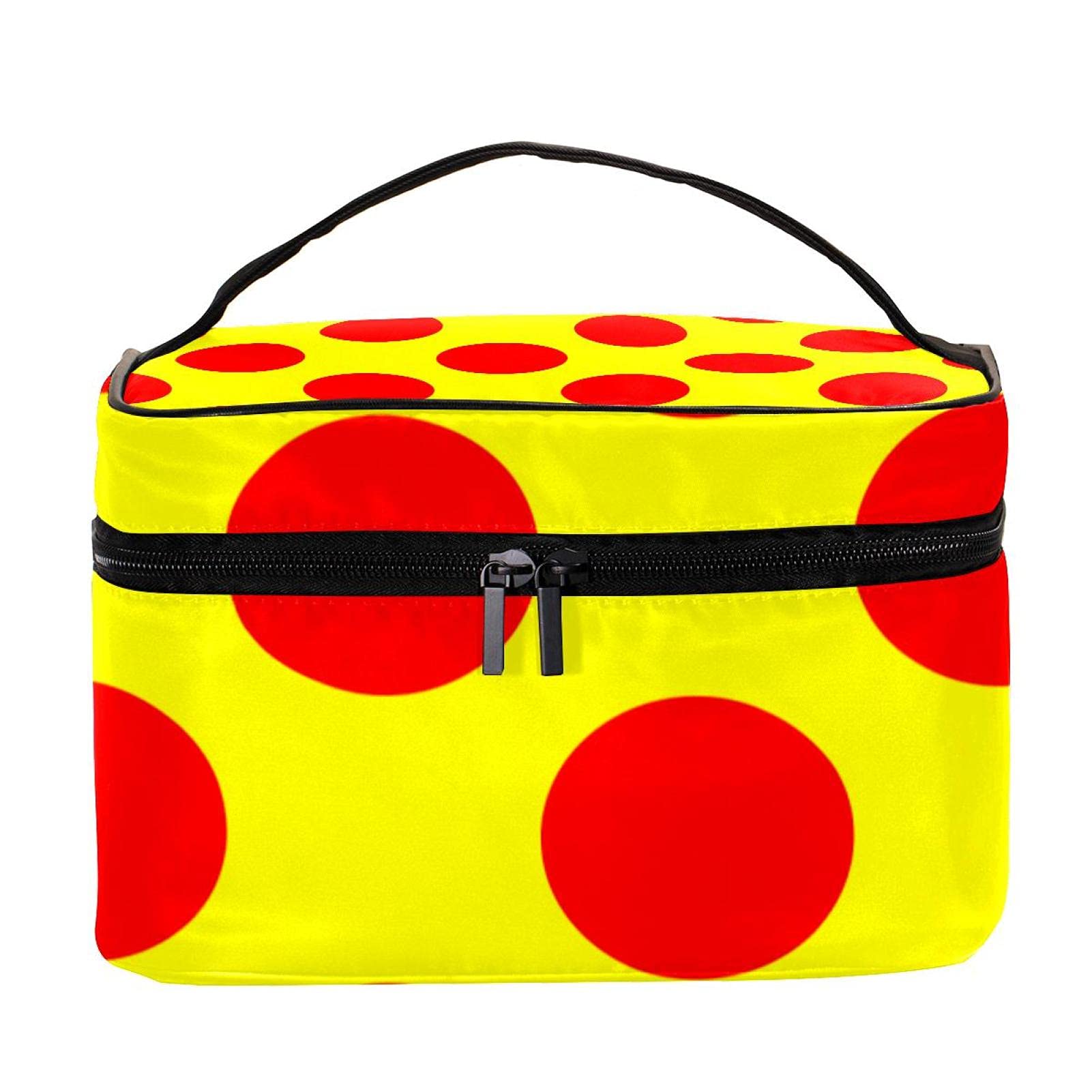 Red Polka Dots Yellow Pattern Large Travel Makeup Bag - Waterproof Cosmetic Organizer with Zipper for Women & Girls | Perfect for Vacation, Gym & Daily Essentials Storage