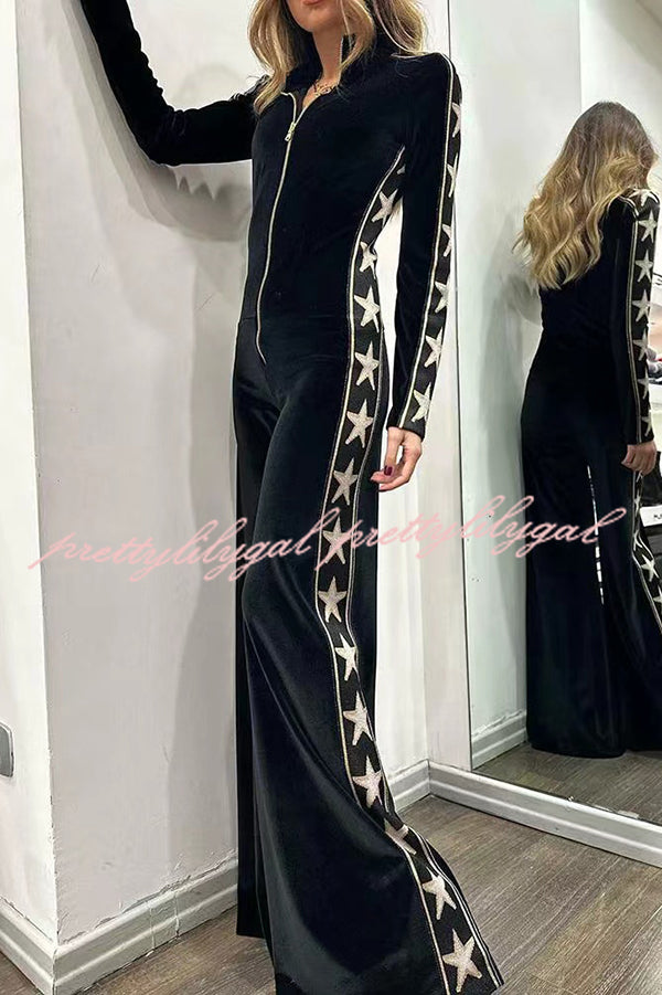 Stylish Star Print Velvet Patchwork Zipped Wide Leg Jumpsuit for Women | Trendy Plus Size Romper | Perfect for Parties, Date Nights & Casual Outings