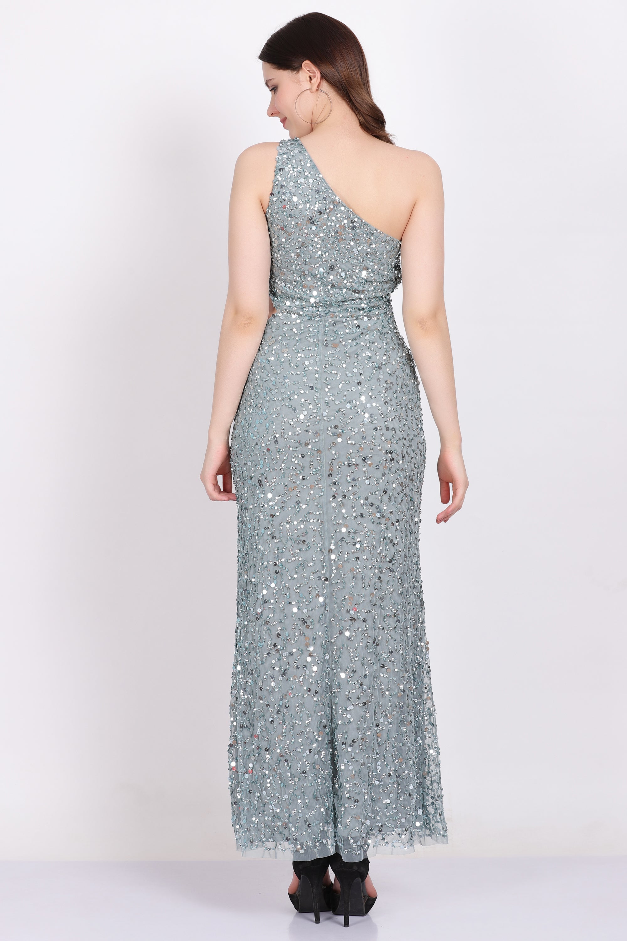 Elegant One Shoulder Sequin Dress in Teal | Naeve Women's Formal Gown for Evening Parties, Prom & Special Occasions