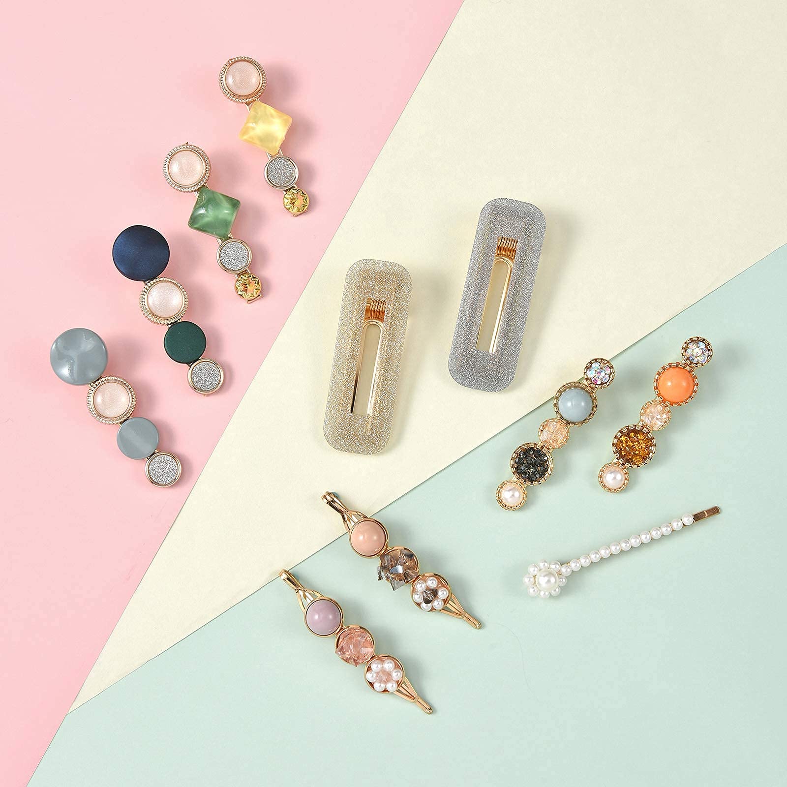 Mehayi 20 PCS Handmade Macaron Pearls & Acrylic Resin Hair Clips - Cute Hair Barrettes, Bobby Pins with Glitter Crystal Geometric Design, Elegant Gold Hair Accessories for Women & Girls (Perfect for Weddings, Parties & Daily Styling)