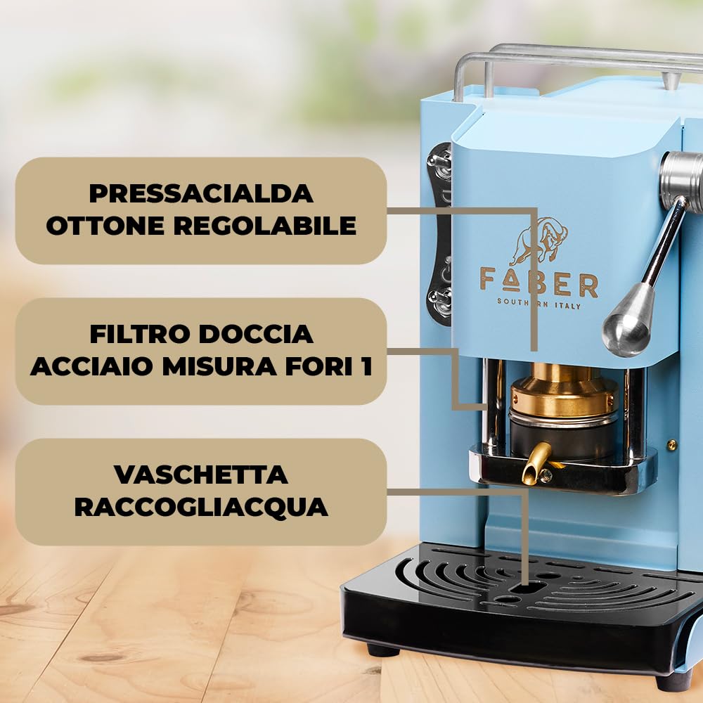 FABER COFFEE MACHINE | Pro Mini Deluxe Model | 44mm E.S.E. Pod Coffee Machine | Chrome Finish | Brass Portafilter (Turquoise) - Perfect for Home, Office & Small Cafes
