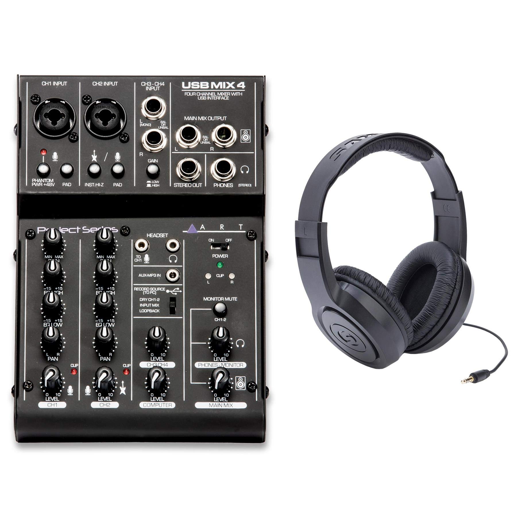 Professional ART USB Mix 4 Audio Mixer with Samson SR350 Studio Headphones Bundle - Perfect for Podcasting, Live Streaming & Home Recording Studio Setup