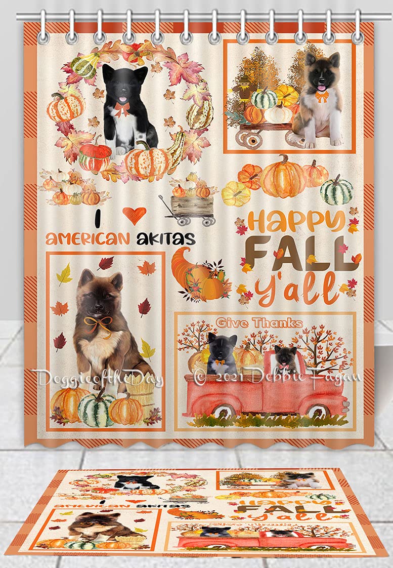 Non-Slip Pumpkin American Akita Dog Bath Mat & Shower Curtain Set - Plush Bathroom Decor Rug with Polyester Bathtub Curtain (16''x28'' Mat + 69