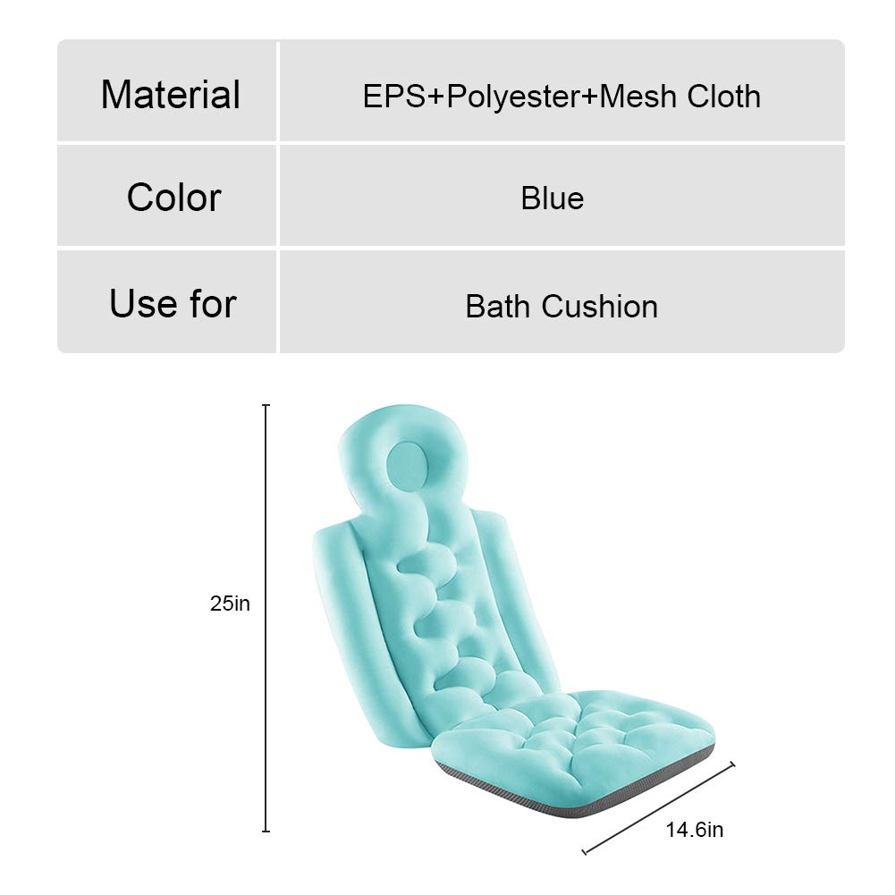 Non-Slip Foldable Full Body Bath Pillow - Soft Bathtub Cushion Pad for Head Neck Shoulder Back Support - Breathable Spa Mat for Relaxing Bath & Shower (Blue) - Perfect for Home Spa, Bubble Bath & Hydrotherapy