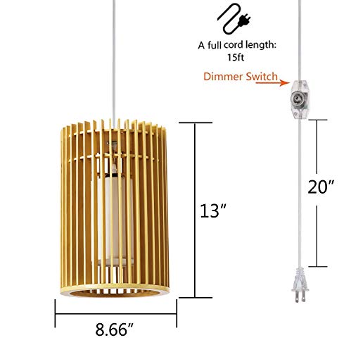 Kiven 1-Light Plug-in Pendant Light Fixture - 15FT Clear Cord with Dimmer Switch - Natural Wooden Ceiling Light for Living Room, Bedroom & Kitchen Decor