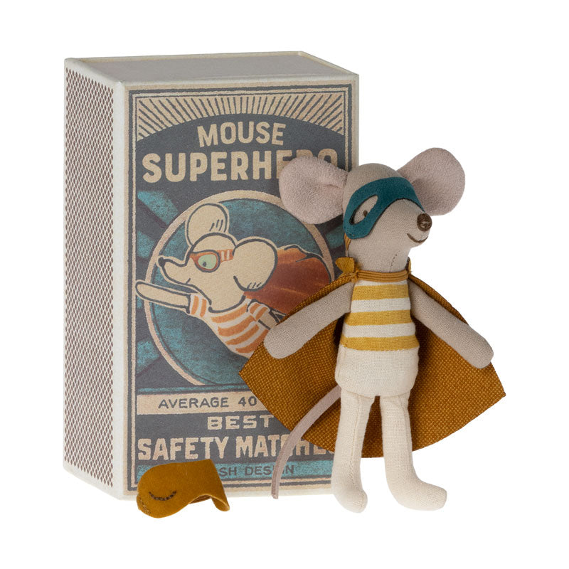 Maileg Super Hero Mouse Toy - Little Brother in Matchbox for Kids | Collectible Miniature Mouse Figure | Perfect for Pretend Play, Gift Giving & Display Collections