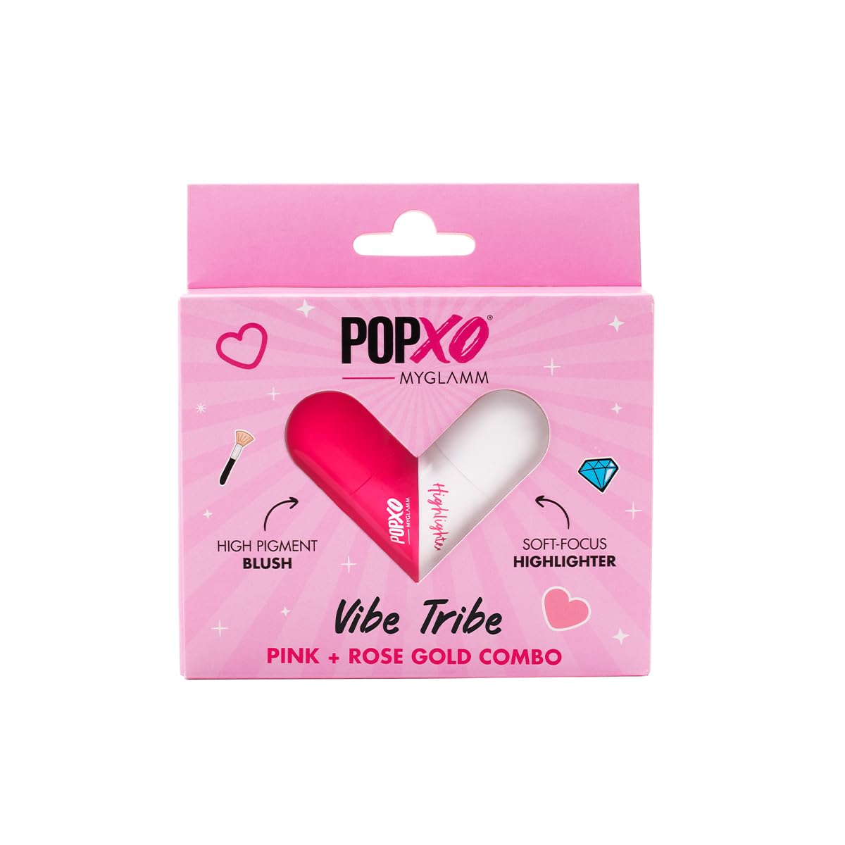 MyGlamm POPxo Blush & Highlighter Combo - Vibe Tribe (Pink & Rose Gold) | Face Makeup Kit for Women with Cream Blush Stick & Shimmer Highlighter | Twist-Up Heart Shaped Design | Long-Lasting Pigmented Blush | Natural Glow Highlighter | 2.5g Each | Perfect for Everyday Wear & Special Occasions