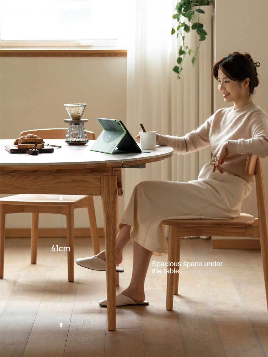 Solid Oak Round Folding Dining Table with Natural Stone Slab Top - Perfect for Small Spaces, Outdoor Dining & Home Decor