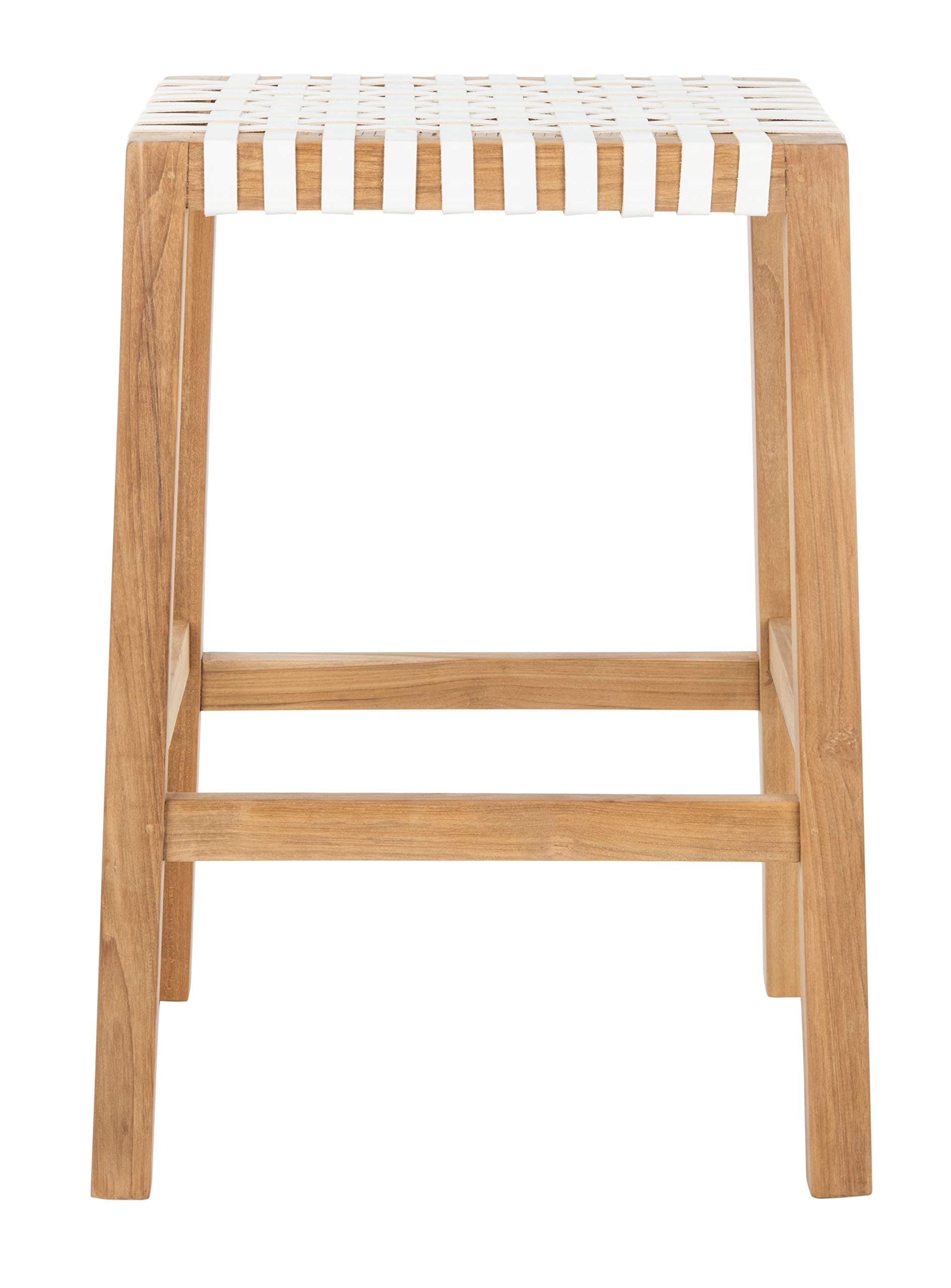 SAFAVIEH Capri Natural Teak & White Leather 27-inch Bar Stool - Modern Kitchen Counter Stool for Dining Room, Breakfast Nook & Home Bar Decor