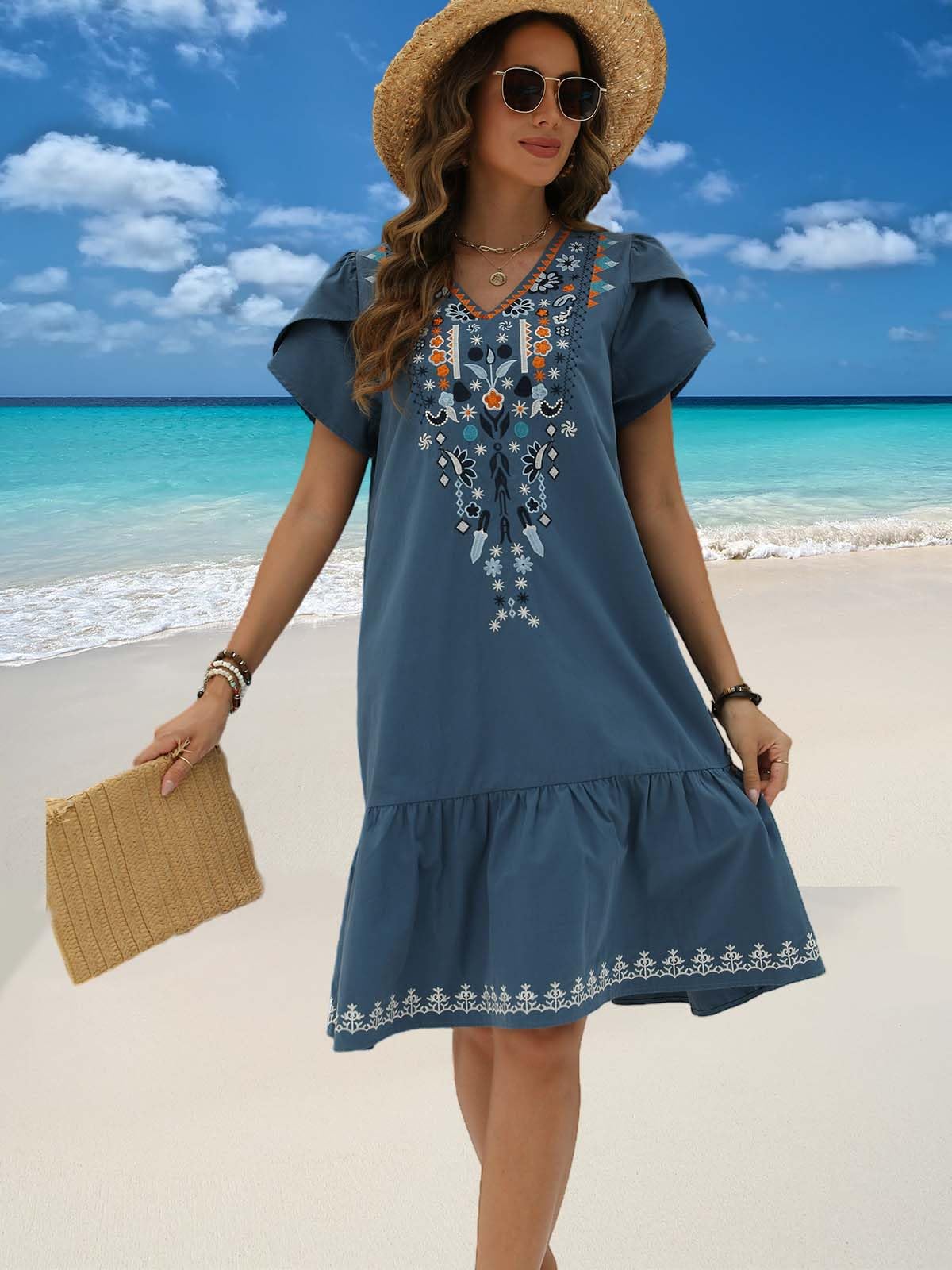 LauraKlein Women's Summer Floral Embroidered Boho Dress with Ruffled Sleeves - Mexican Peasant Style Casual Maxi Dress for Beach, Vacation & Outdoor Parties
